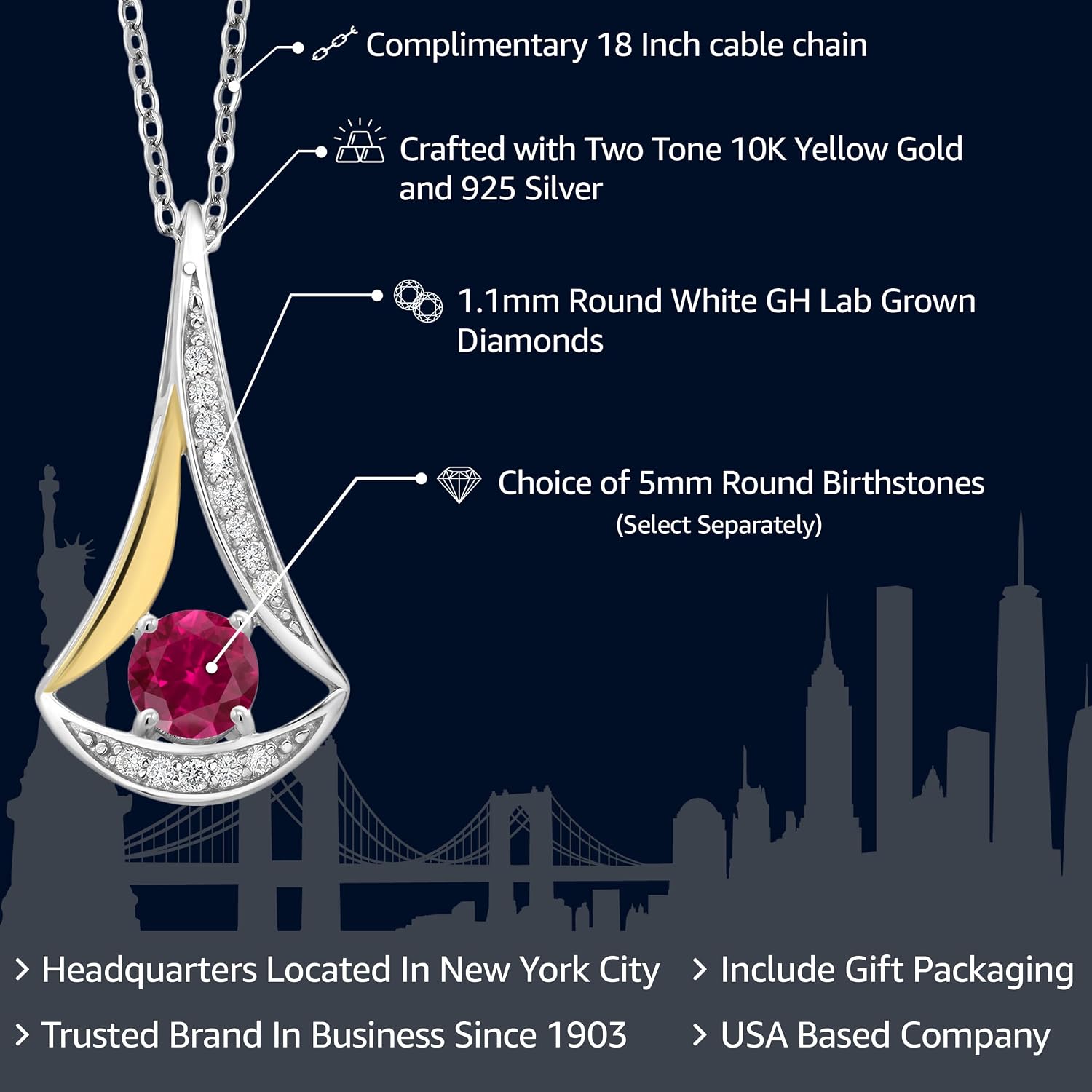 Gem Stone King 925 Silver and 10K Yellow Gold Customized and Personalized Round Gemstone Birthstone and White Lab Grown Diamond Fashion Love Mothers Women's Pendant Necklace For Women with 18 Inch