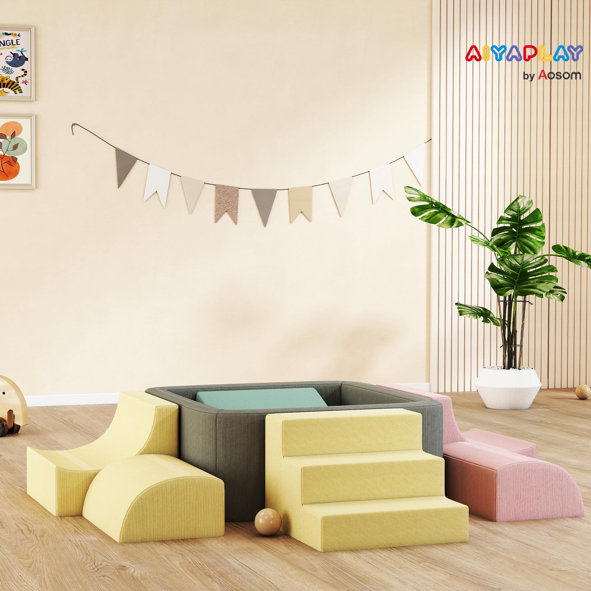 AIYAPLAY Juego de 7 Bloques de Espuma para Niños, Bloques de Psicomotricidad con Fundas de Pana Desmontables, Set de Escalada para Gatear y Escalar en Interior, Multicolor