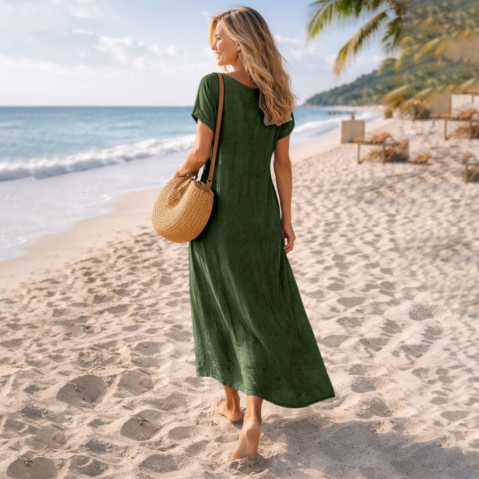 Robe Femme en Coton et Lin Ample à Col en V Manches Courtes Légère Ample Robes avec Poche Boheme Chic Longue Robe D'Été Pas Cher