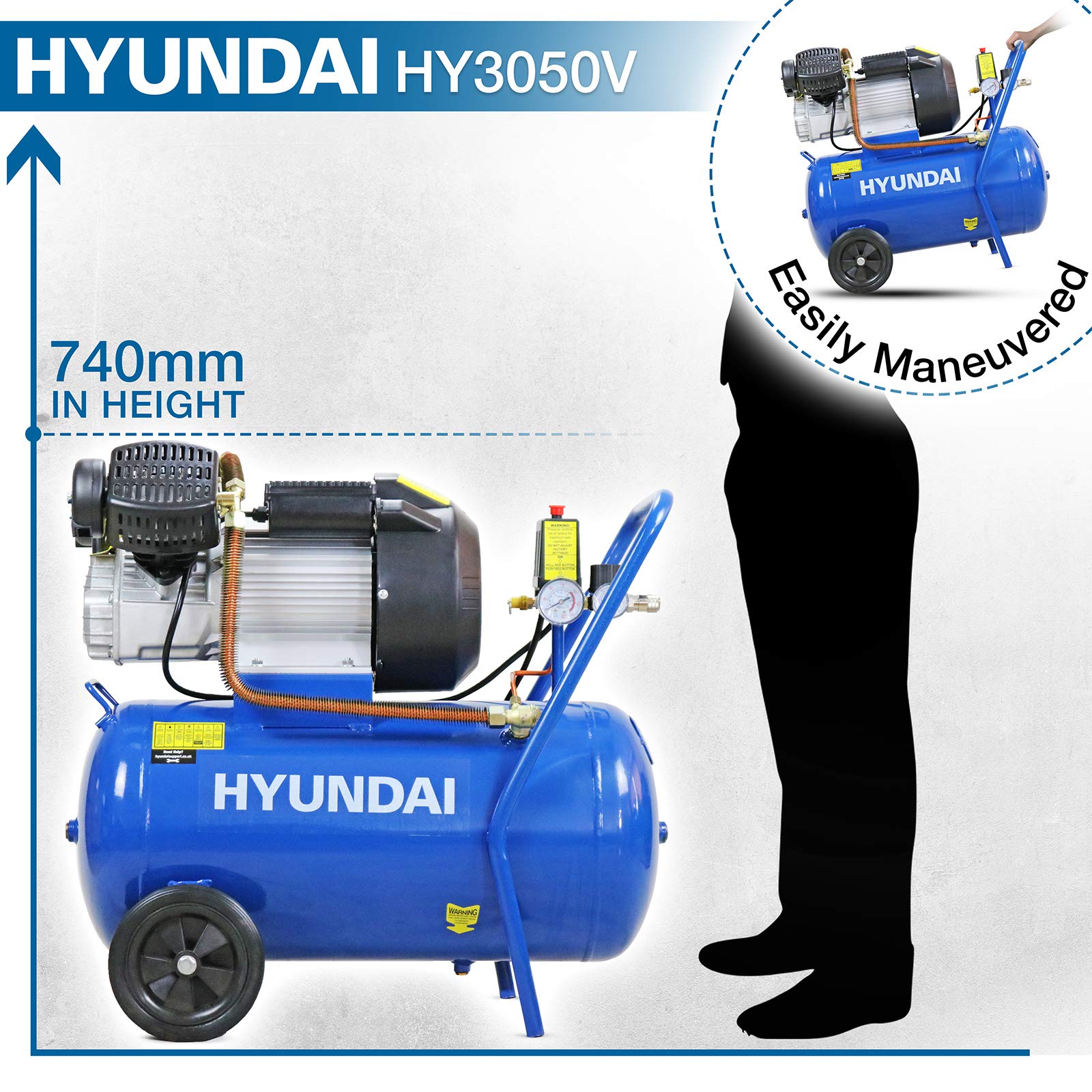 Hyundai 50 Litre Portable Air Compressor, 2.2kW, 116psi/14CFM, 3HP Air