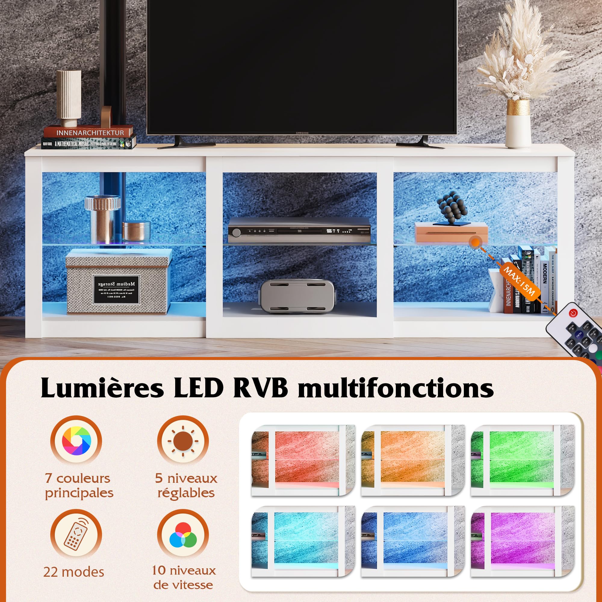 WLIVE Meuble TV LED 166 cm, Buffet Bas avec Éclairage LED 22 Modes et Étagères Ouvertes, Banc TV pour Téléviseurs jusqu'à 75 Pouces, Support TV avec Tablettes en Verre Réglables pour Salon, Blanc