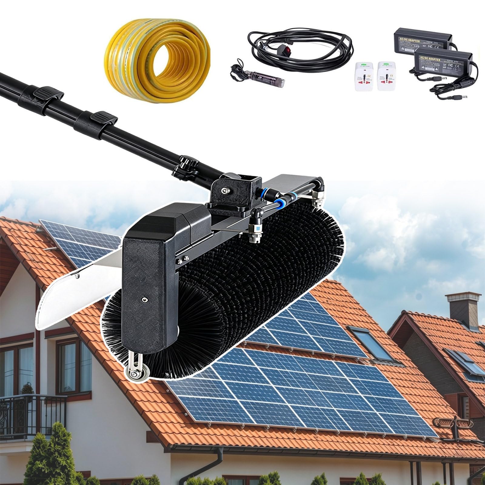 SOTIKARERY Electric Solar Panel Cleaning Brush - Solar Panel Cleaning Kit with two Power Converter, Telescopic Water Fed Pole, Window Washing Kit for Conservatory Roofs, Windows, PV System 5.5m/18ft