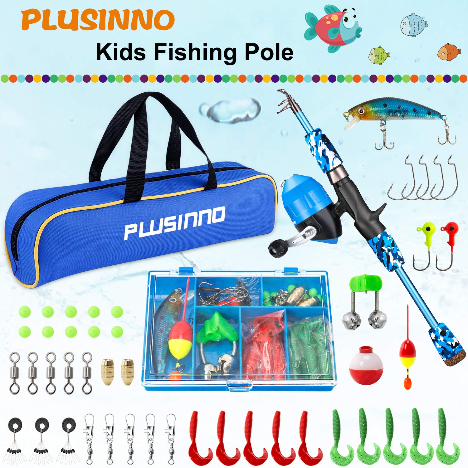 PLUSINNO - Set da pesca per bambini, con mulinello e esca, Blu, 1,5 m