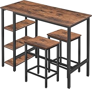 MUPATER High Industrial Bar Dining Table Set with Storage Shelves, Tall Counter Height Bar Table with Two Bar Stools and Foot Pads for Home, Kitchen and Living Room, Rustic Brown