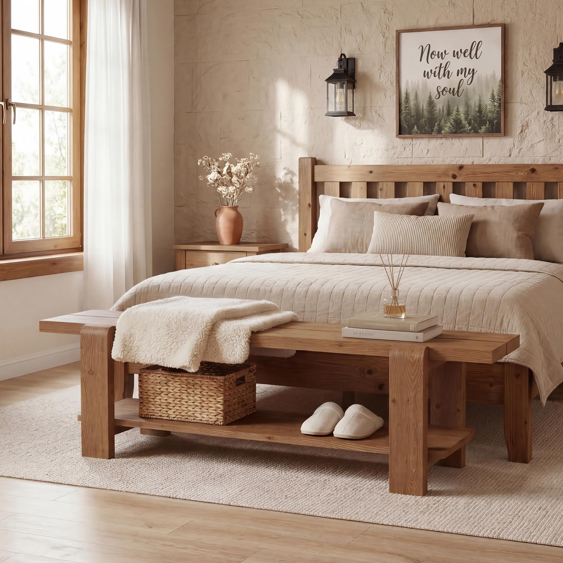 Solid Wood Entryway Bench with Shoe Storage Shelf, 63-Inch Long Farmhouse Entry Shoe Bench, End of Bed Bench for Bedroom, Hallway, Living Room, Mudroom, Rustic Brown