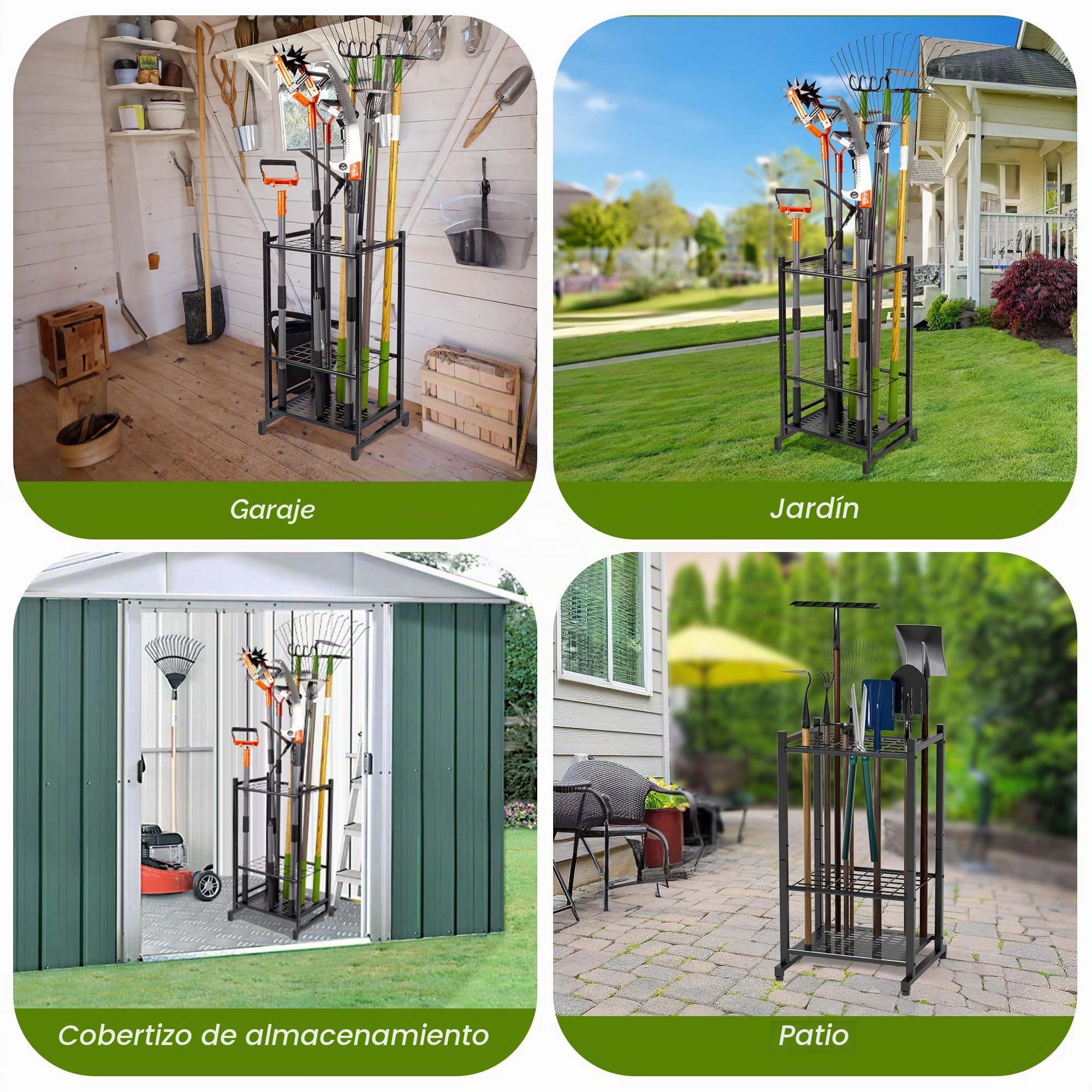 Organizador de herramientas de jardín, estante de torre de herramientas de patio para organización y almacenamiento de garaje, hasta 35 herramientas/rastrillos/escobas, soporte de acero resistente
