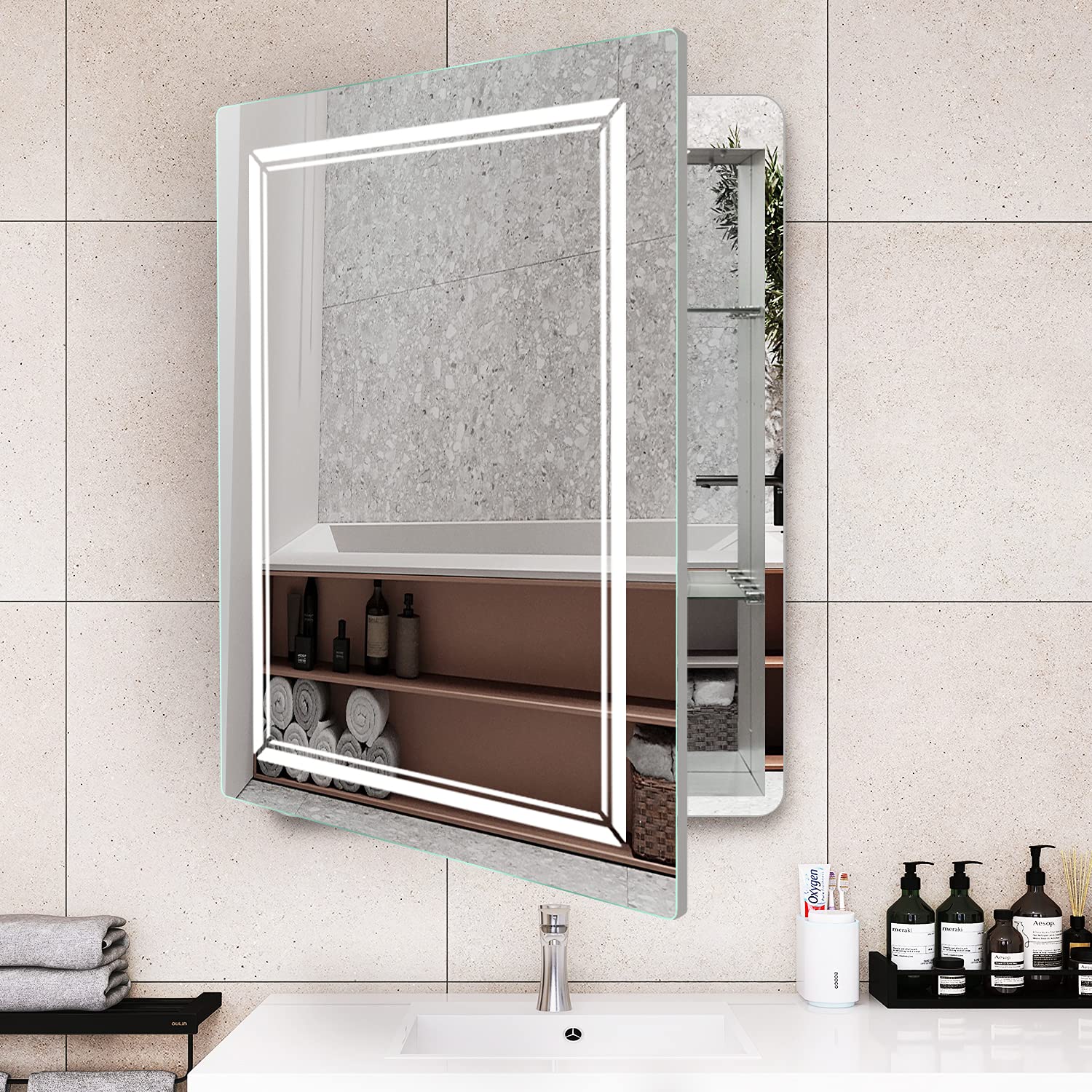 S’bagno LED Illuminated Bathroom Mirror Cabinet 600 x 800mm Single Door with IR Sensor, Demister Pad, Dimming Function, Waterproof