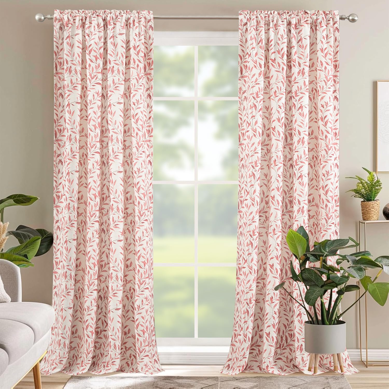 VOGOL Farmhouse Curtains 63 Inches Long, Red Leaf Print Country Style Drapes for Living Dining Room, Not See Through Window Treatments for Office, 2 Panels, 52 x 63