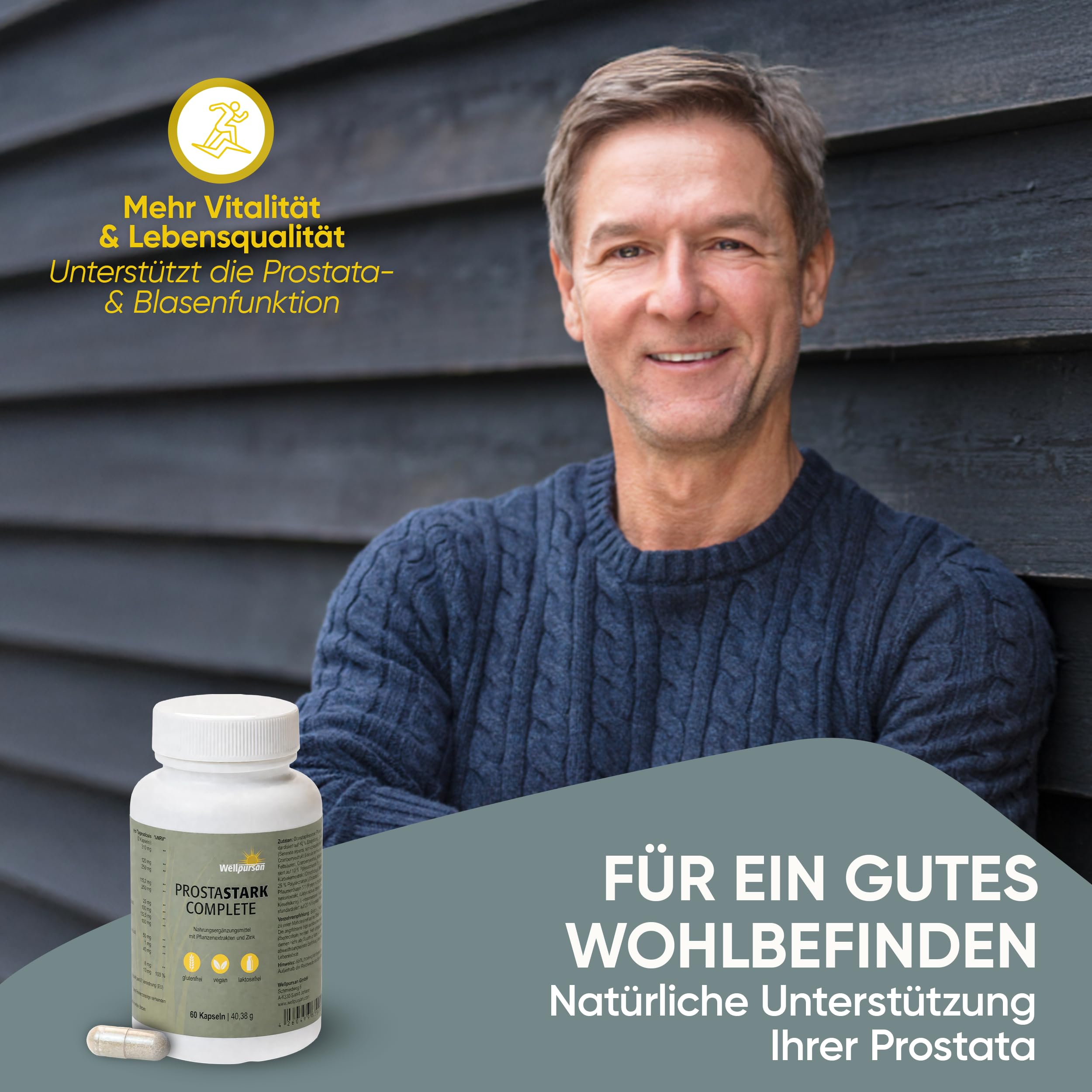 Wellpursan Prostastark Complete – 2 x 60 Stück Prostata Kapseln mit Granatapfel, Sägepalme, Kürbiskernextrakt & Zink – Hochdosierter Pflanzenkomplex – Vegan, glutenfrei & hergestellt in Österreich