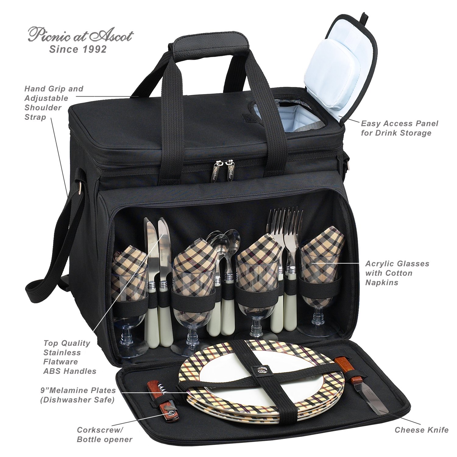 Picnic at Ascot Personalized Monogrammed Equipped Picnic Cooler for 4 - Designed and Assembled in California