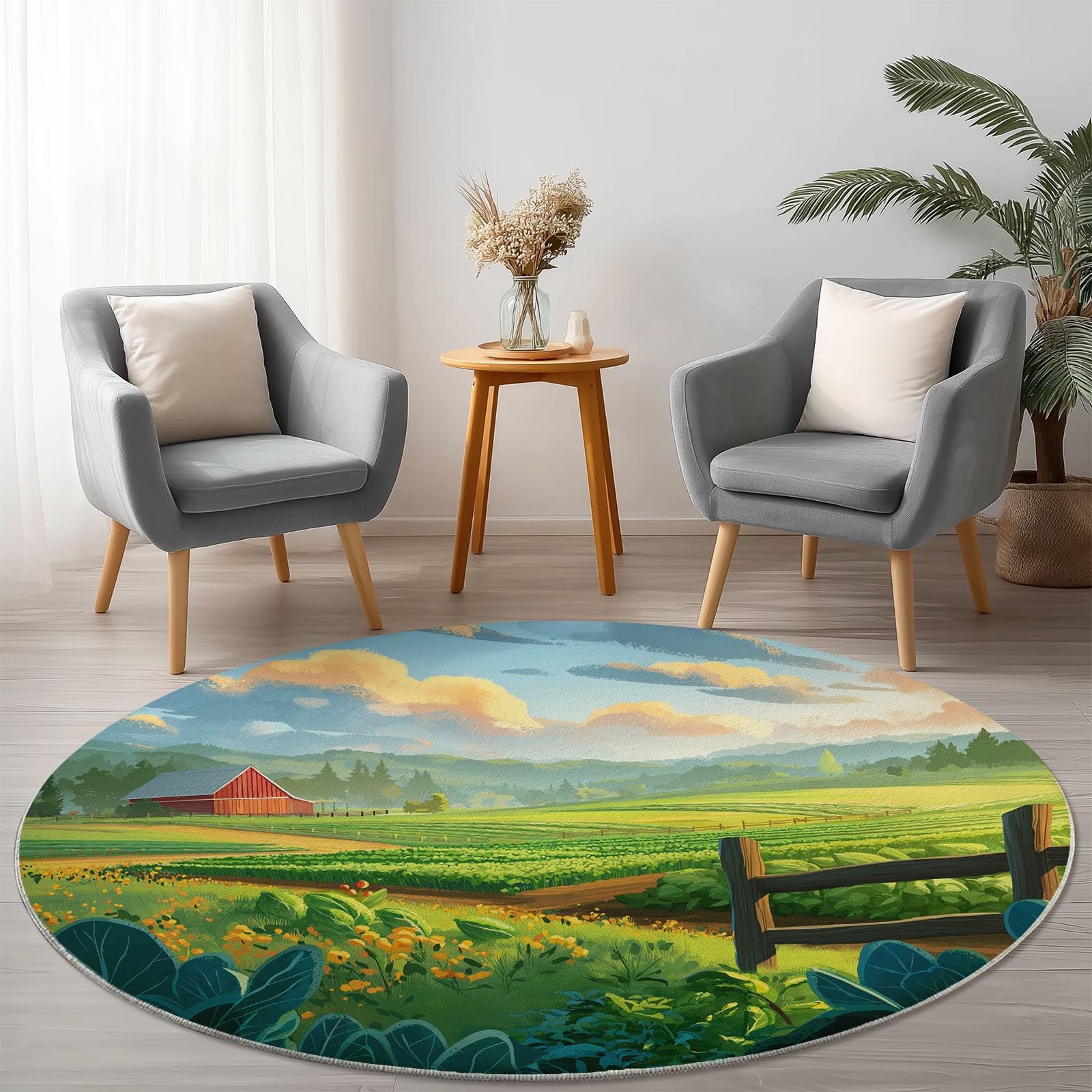 Generisch Cartoon Bauer Bauernhof Runder Teppich Wohnzimmer, Grün Style Schlafzimmer Dekoration Teppich Teenager Männer Gaming Zone Rugs Mat rutschfest Washable, 160 cm