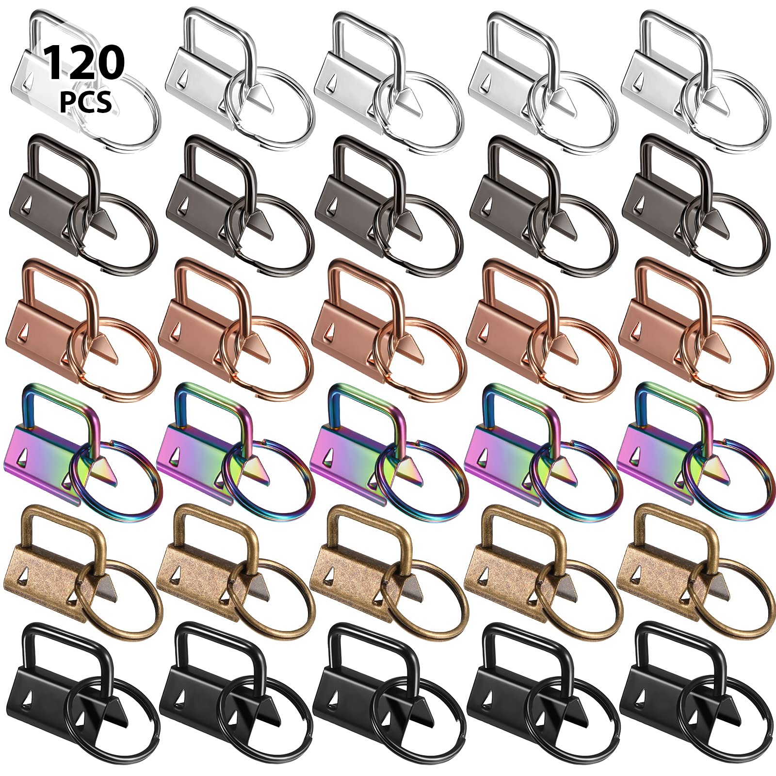 Tenare 120 Pieces Key Fob Hardware 6 Colors Keychain Fob Wristlet Hardware with Key Ring Key Fob Chain Hardware 1 Inch