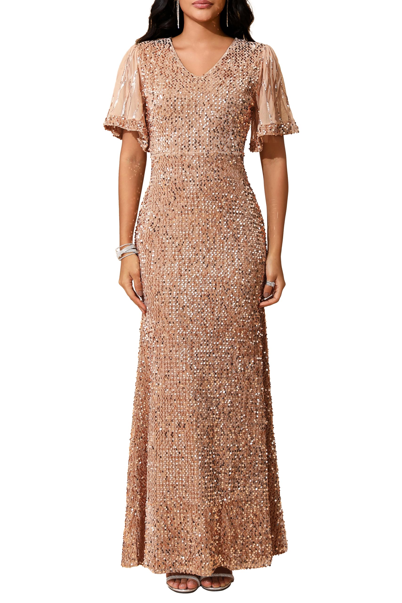 VERWIN Abito da donna con scollo a V e maniche in rete scintillanti, elegante, per feste, serate, formali, sirena, con paillett