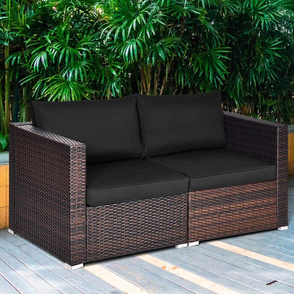 Tangkula 2 Seat Outdoor Wicker Loveseat Sofa Set, Modular PE Rattan 2 Pieces Outdoor Wicker Corner Sofa, Outside Furniture Set for Deck, Backyard, Porch, Garden & Poolside, Black