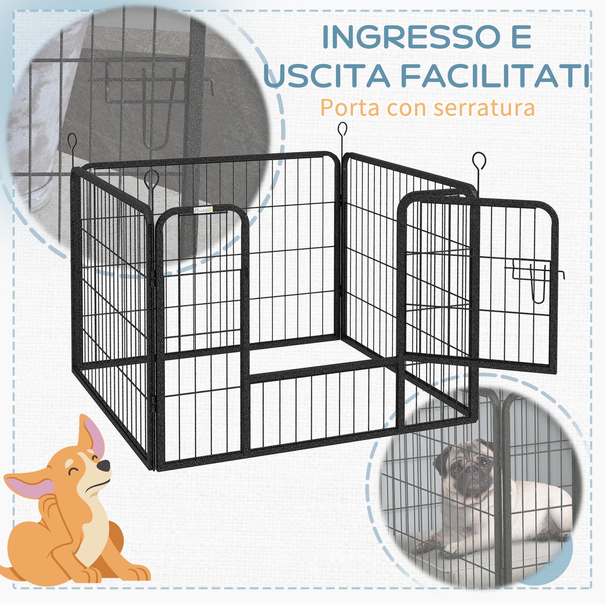 PawHut Recinto per Cani Pieghevole in Metallo, per Interno ed Esterno con Porta con Catenaccio e Picchetti, 82x82x60cm Grigio