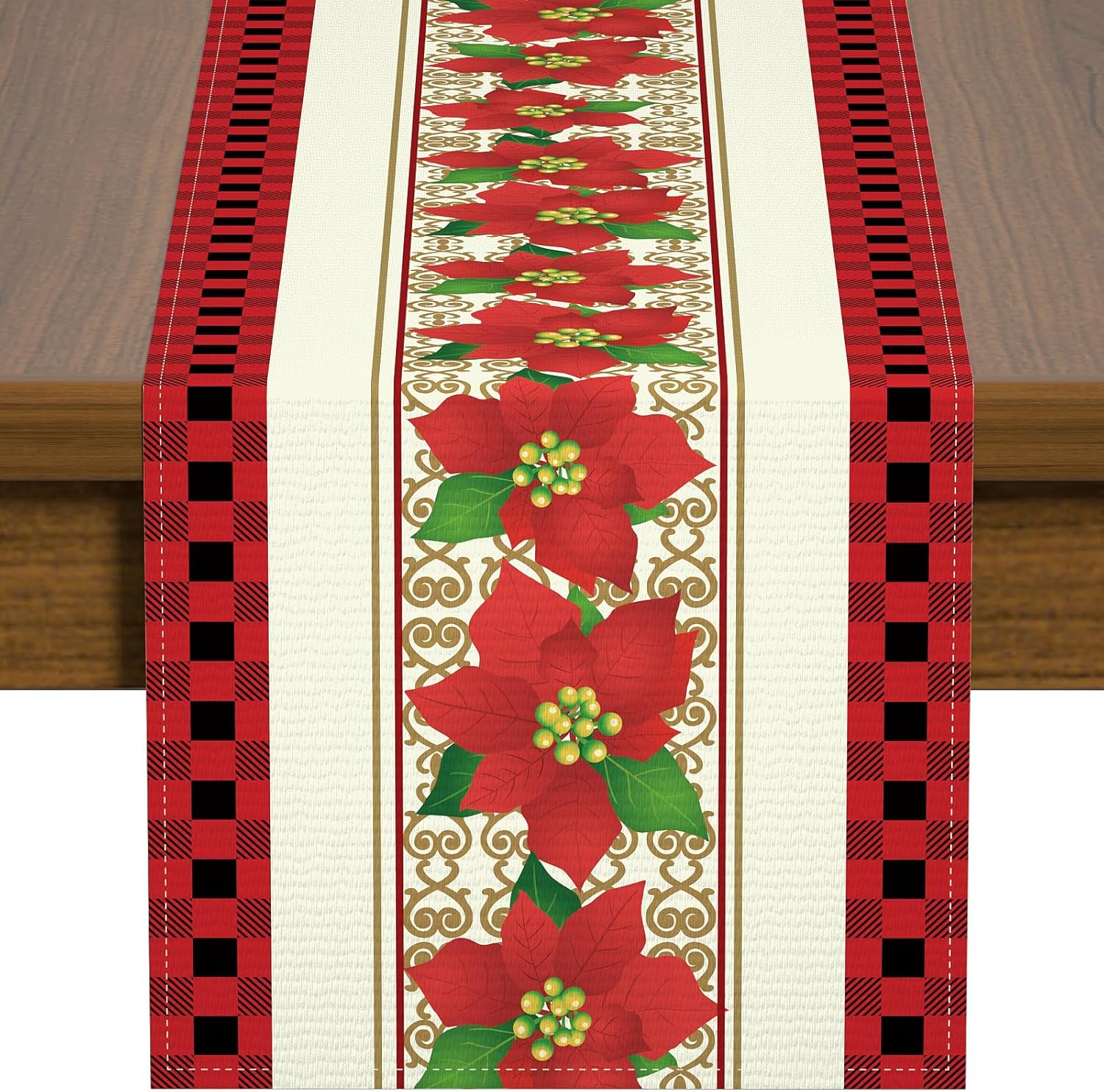 Christmas Table Runner Plaid Red Floral Christmas