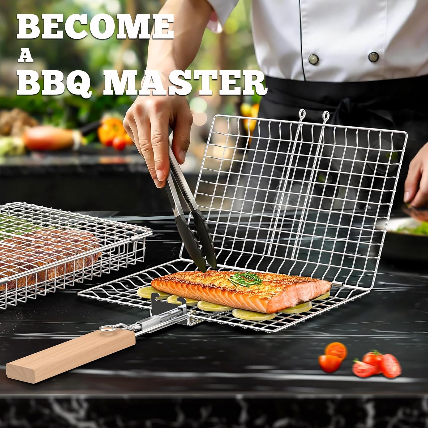 Fish Grill Basket Set, Removable Wooden Handle, 304 Stainless Steel, Nesting BBQ Tools, Smoker Grilling Accessories for Vegetable, Outdoor Cooking Camping, Birthday Gifts for Men Dad Husband