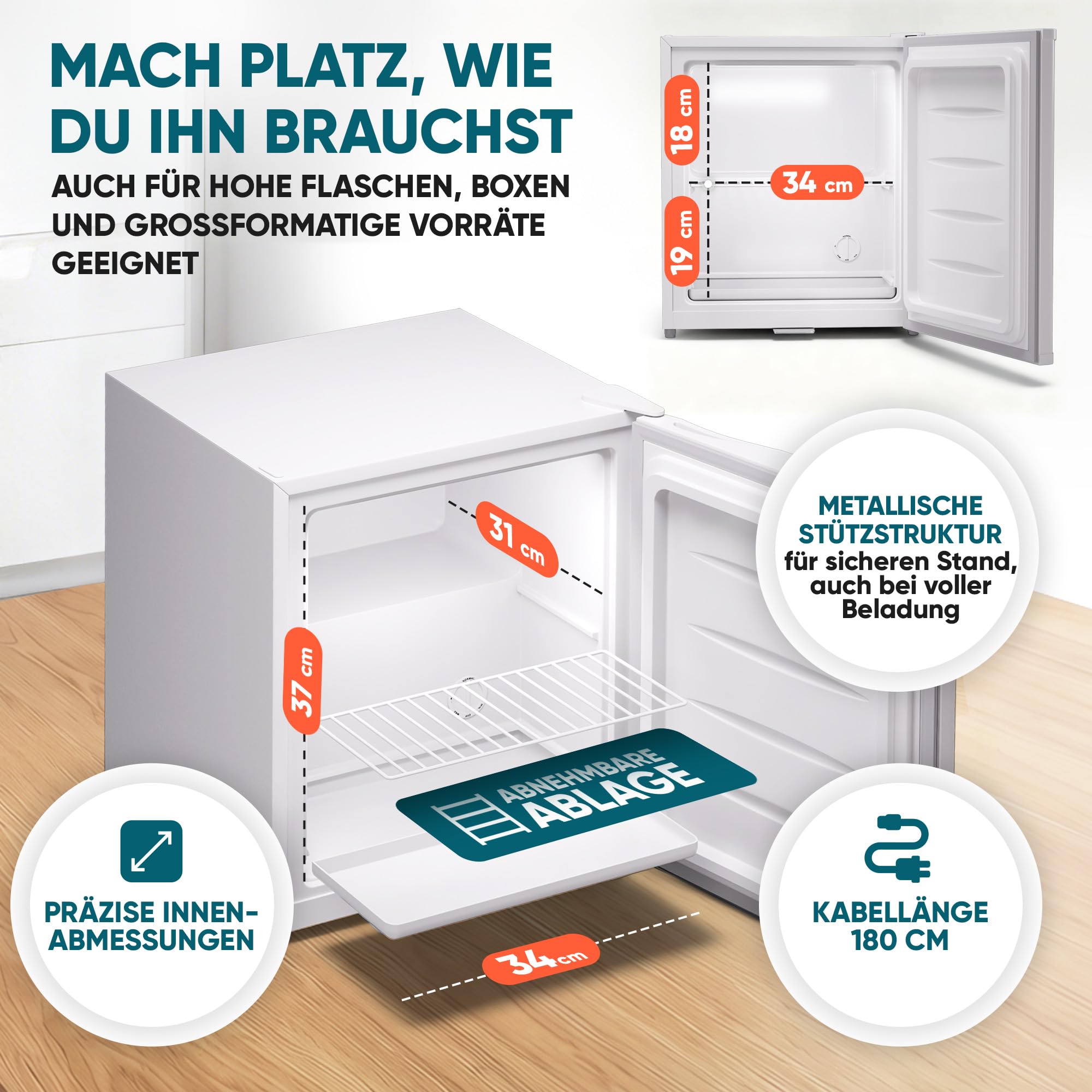 Stillstern Mini Gefrierschrank klein & leise 31L, Tiefkühltruhe mini Freezer -18°C mit Eiswürfelschale & Schloss, Türanschlag r./l., 4-Sterne Tiefkühlschrank klein Gefrierschränke Camping/Büro Weiß