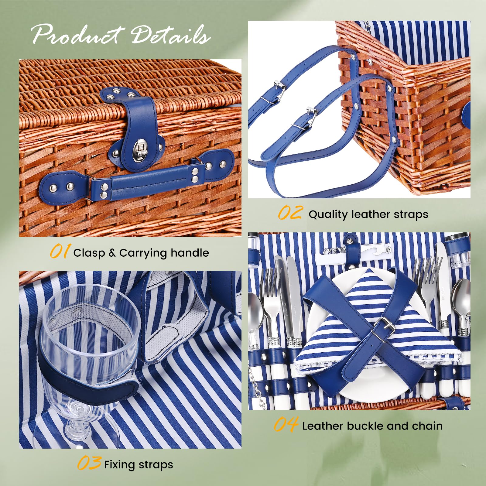 Cestino Picnic,Cesto Picnic Vimini Coperta Impermeabile e Set di Posate, Set Pic Nic 4 Persone per Campeggio, Cestino Pic Nic Vimini Blu perCampeggio, Attività all'aperto, Feste, Spiaggia(blu)