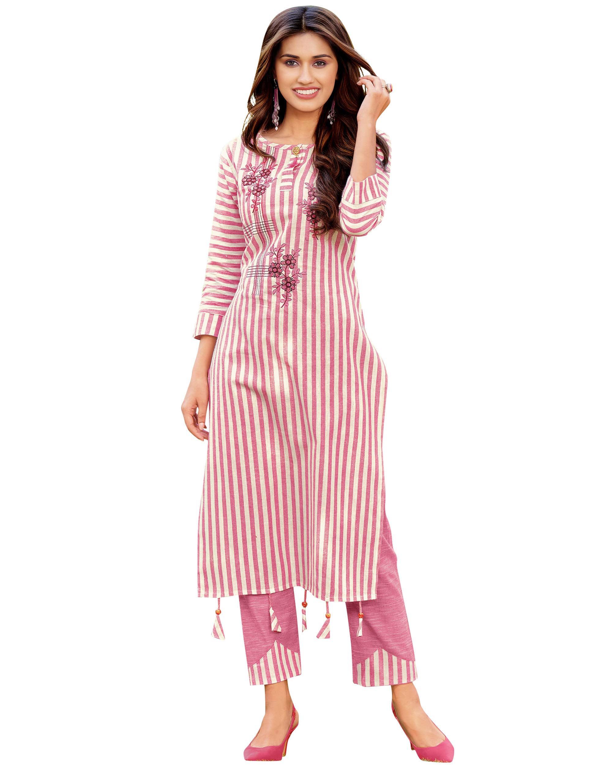 Rajnandini Women's Pure Cambric Cotton Embroidered Straight Kurta With Pant (Ready To Wear; Pink And White; Small)