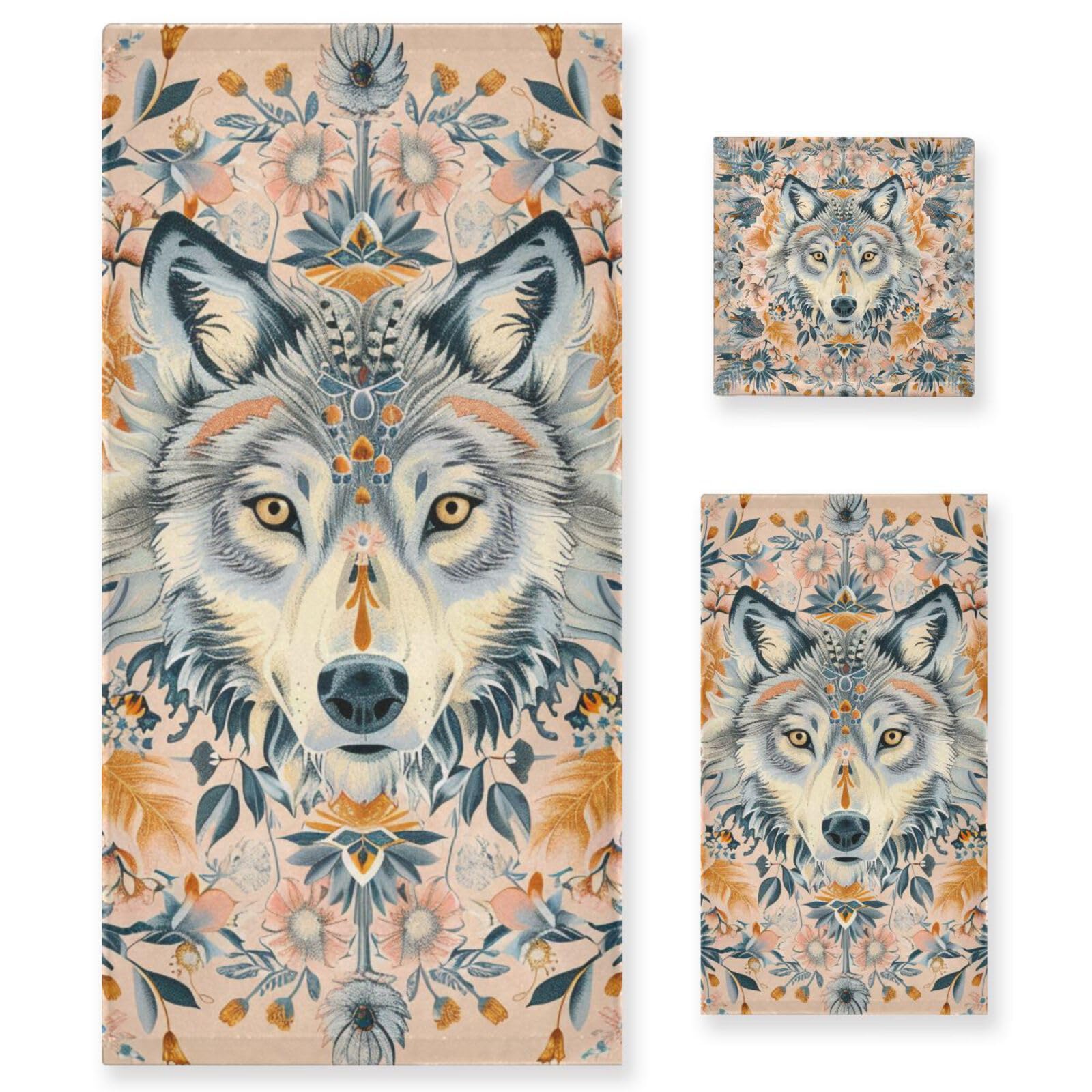Styl boho kwiat kwiatowy beżowy wilk szybkoschnące ręczniki do twarzy zestaw 3 sztuk, 1 ręcznik kąpielowy 1 ręcznik do rąk 1 ściereczka do kuchni łazienki jogi siłowni