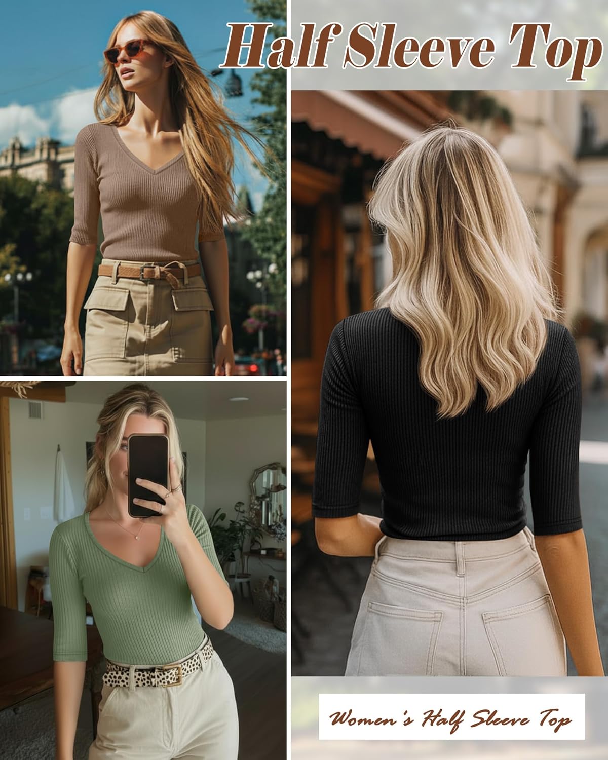 Riyiper 3 Pack Women's Half Sleeve Top Elbow Length Ribbed Cotton T Shirt Women V Neck Summer Tee Slim Fit Casual Blouses - Image 4