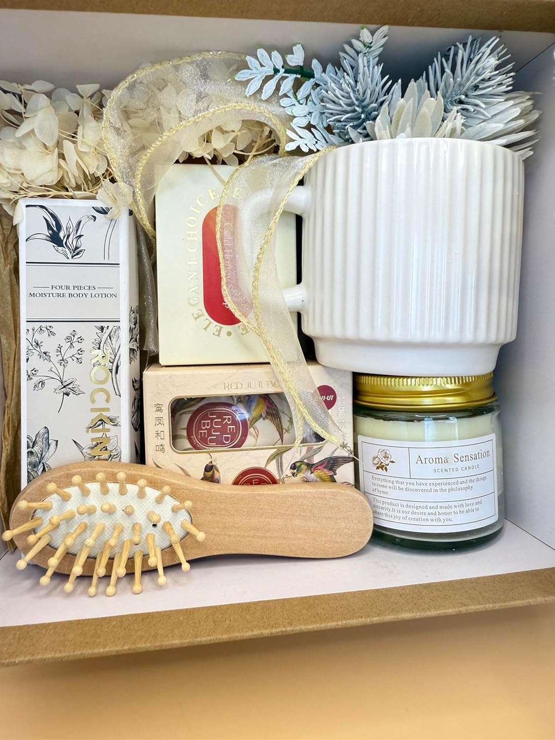 Spa Gift Set for Women – Self Care Box with Ceramic Mug, Candle, Body Lotion, Hair Brush and Tea Candy