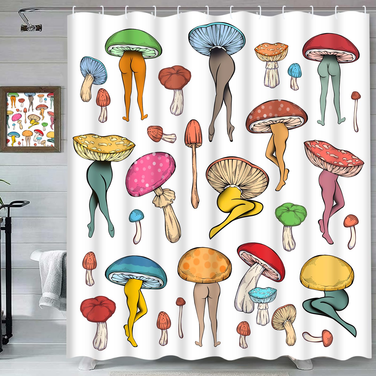 ClaswcalorFunny Mushroom Butt Shower Curtain Sexy Hippie Funky Shower Curtain with 12 Hooks Cute Fun Psychedelic Shower Curtain 70S 80S Vintage Colorful Cool Unique Shower Curtains for Bathroom Decor