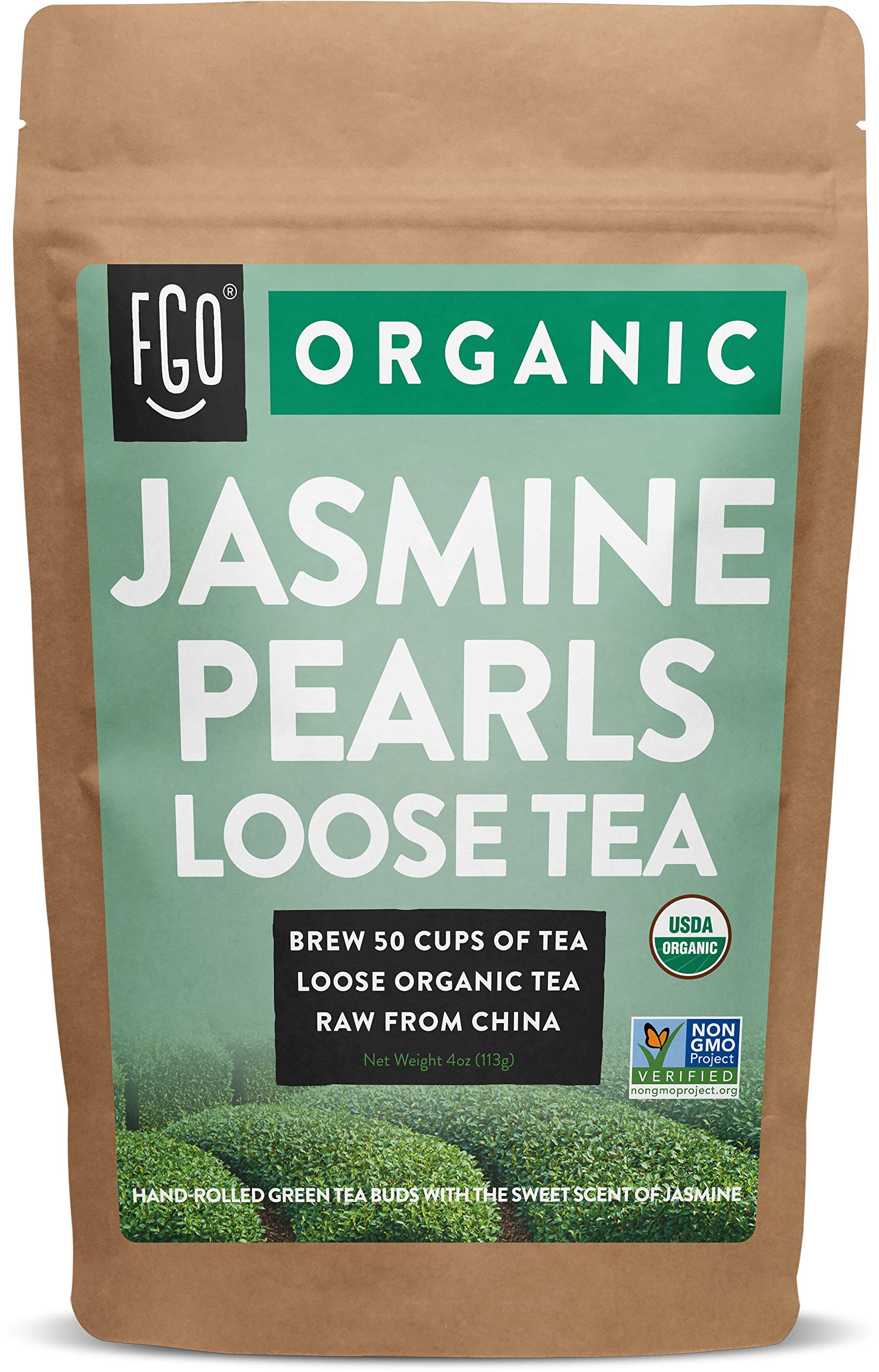 Organic Jasmine Pearls Green Tea | Brew 50 Cups | 4oz/113g Resealable Kraft Bag | by FGO - Jasmine Pearls 113.4 g (Pack of 1)