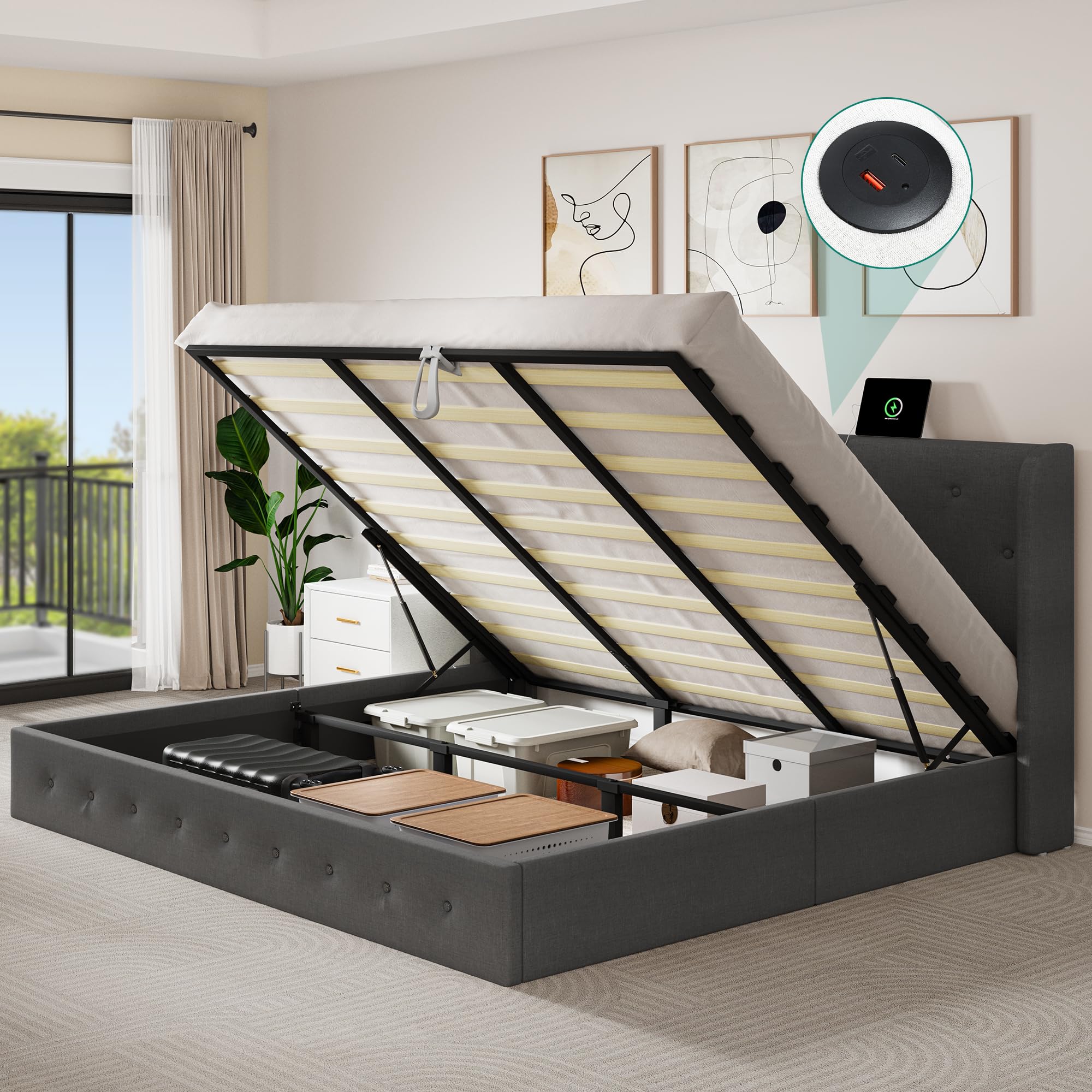 DWVO King Lift Up Storage Bed Frame with Charging Station,Upholstered Platform Bed with Hydraulic Storage & Safe Lock, No Box Spring Needed,Gray