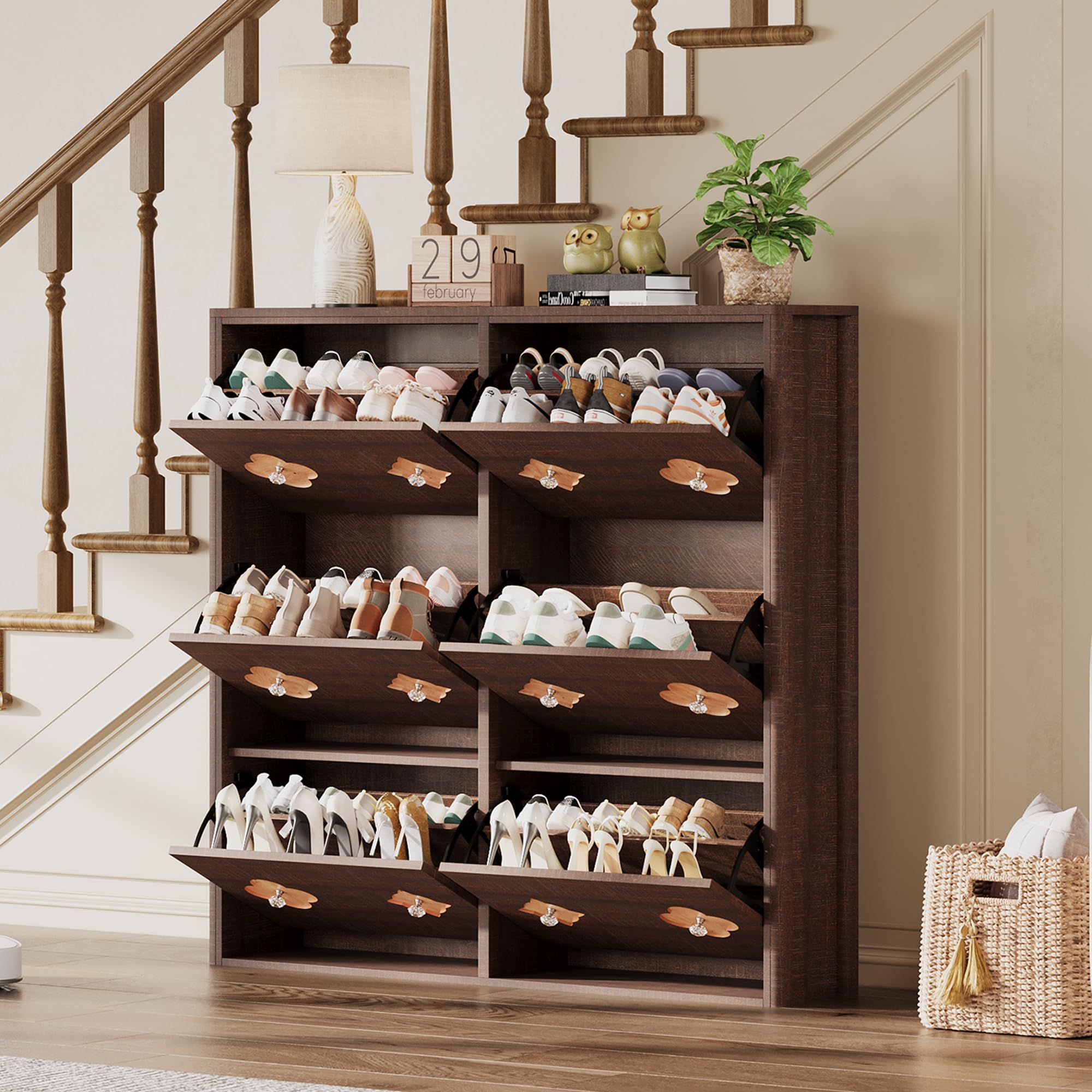 GarveeHome Shoe Storage Cabinet with 6 Flip Drawers, Narrow Wood Shoe Organizer Cabinet with Floral Pattern, Freestanding Slim Shoe Rack Cabinet with Adjustable Shelves, for Entryway, Hallway, Brown