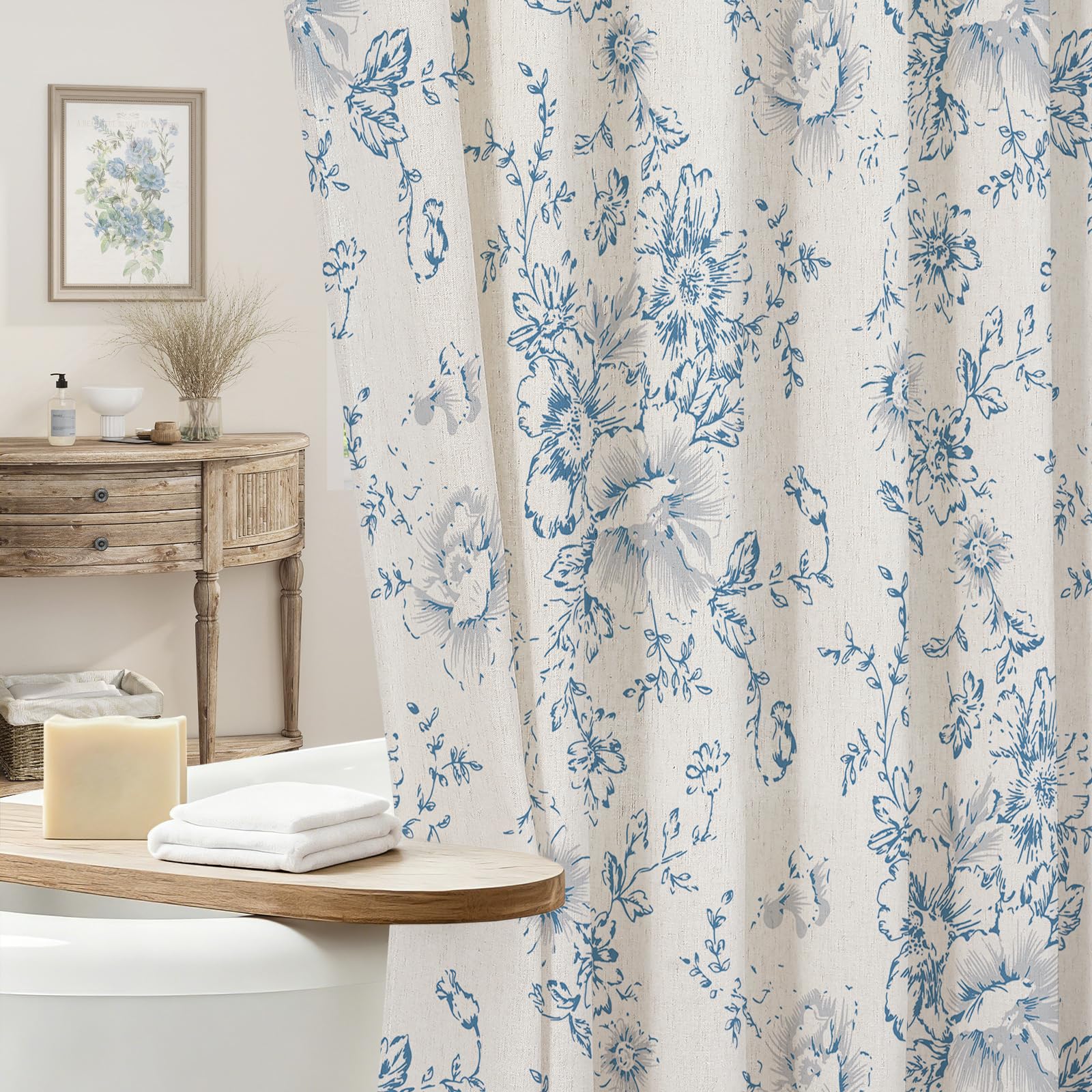 Craidlela Farmhouse Floral Shower Curtain, Blue Linen Shower Curtains, Vintage Cottagecore Shower Curtain for Bathroom, Tan Taupe, 72x72