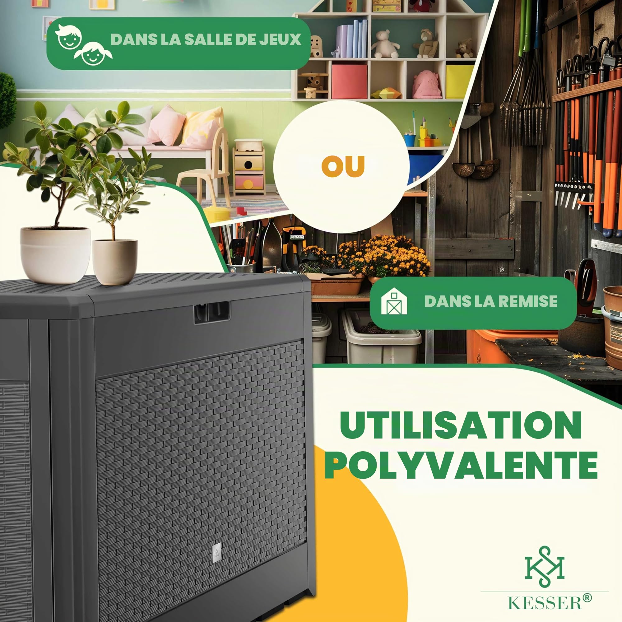KESSER Caisse de Rangement 310 litres avec Roulettes, Couvercle Rabattable, Coffre de Jardin Plastique