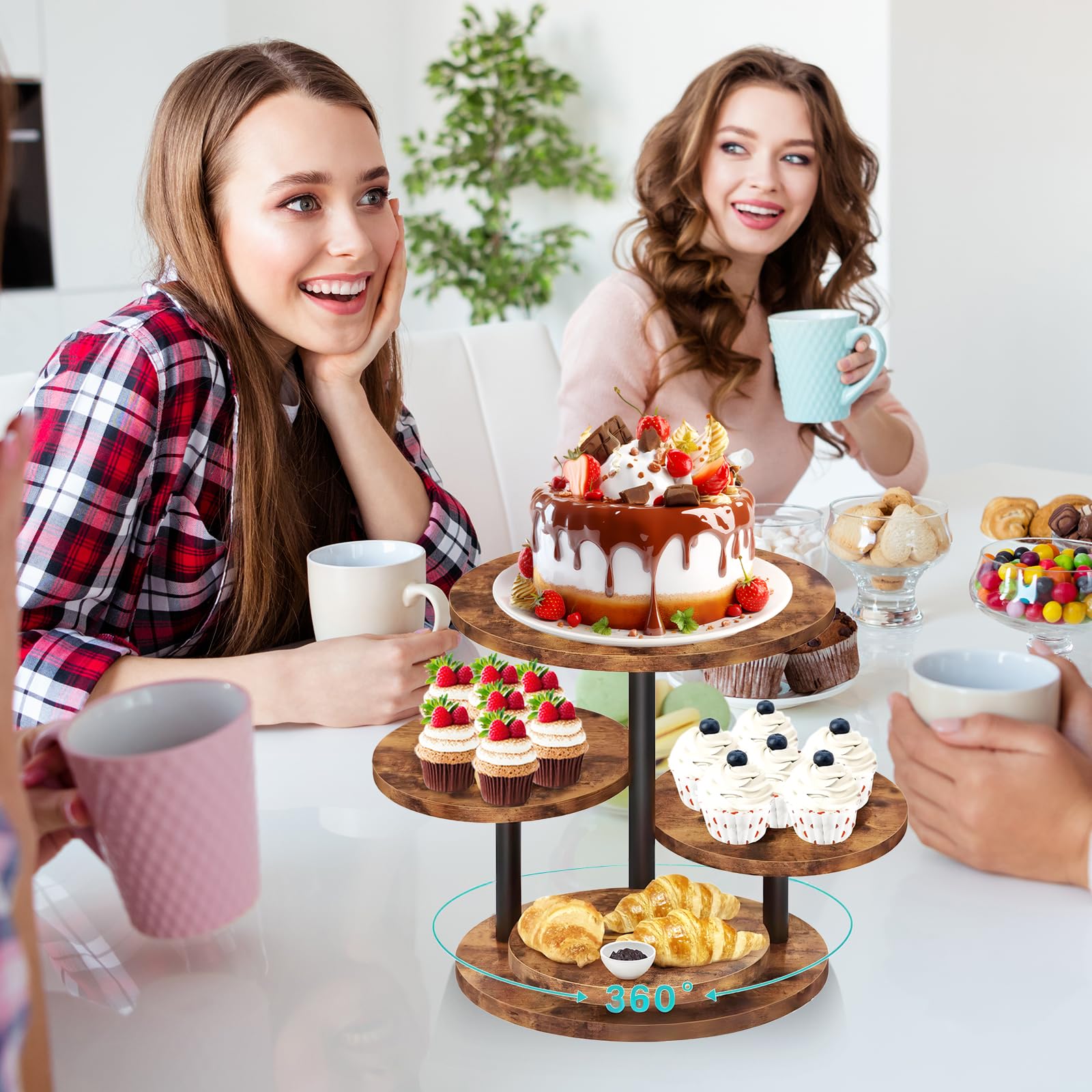 Soporte Para Cupcakes De 4 Niveles De Madera, Bandejas Escalonadas Con Diseño Giratorio De 360° Ideal Para 50 Magdalenas Tartas Donas Y Frutas DecoracióN Para Bodas Navidad Y Fiestas
