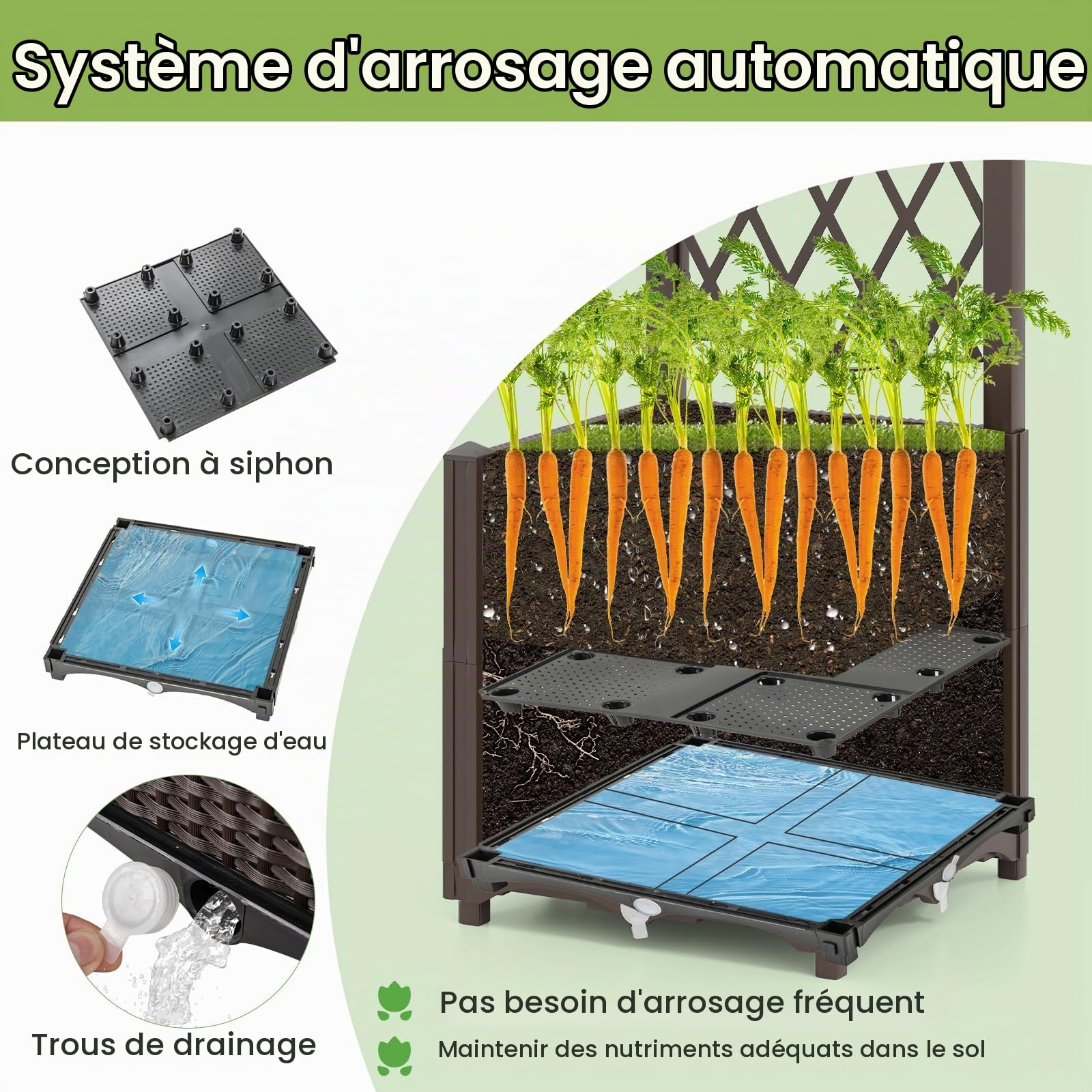 HOMASIS Lit de Jardin Surélevé en Bois avec Treillis, Jardinière d’Extérieur avec Disque Auto-Arrosant, Trous de Drainage, Bac à Fleurs pour Plantes Grimpantes, Légumes (Brun, 40x40x140cm)