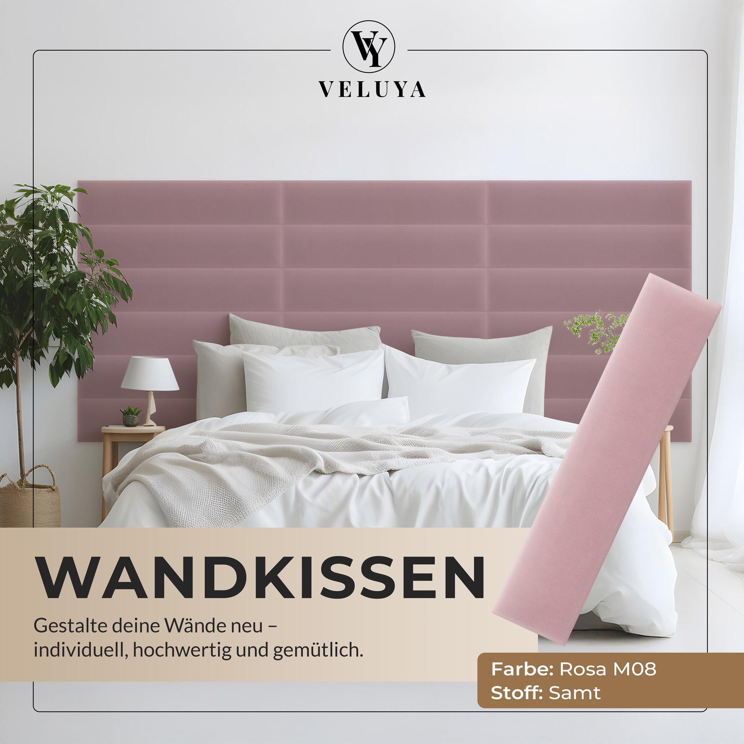 Wandpolster Wandkissen Rechteck – Samt, Polsterplatte 90 x 30 cm, Polsterpaneele, Oeko-TEX, Made in EU, Rosa M08
