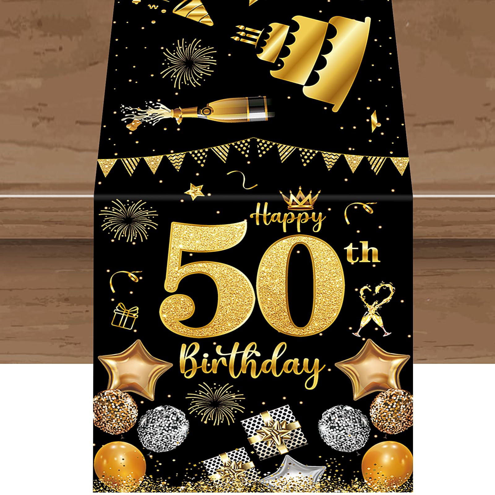 Happy 50th Birthday Decorations for Women Men,50th Birthday Party Supplies Black Gold Table Runner Vintage Party Table Decor Celebrate Anniversary