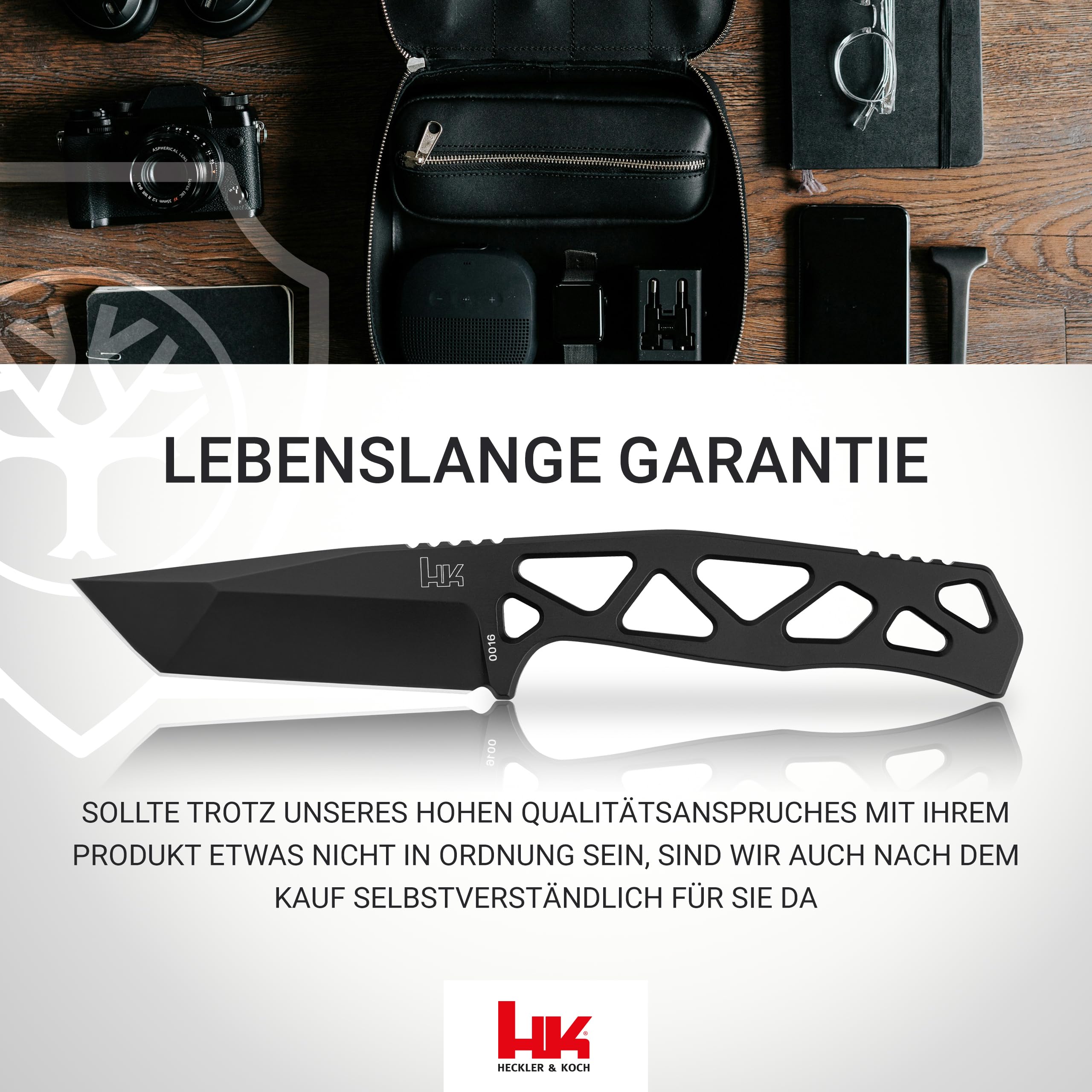 HECKLER & KOCH® FX01 - feststehendes Skelett Messer 42a konform - taktisches Einsatzmesser mit Kydex-Scheide & Gürtel-Clip - EDC Neck Knife mit 7,5 cm Tanto Klinge schwarz - Vollmetall Outdoormesser