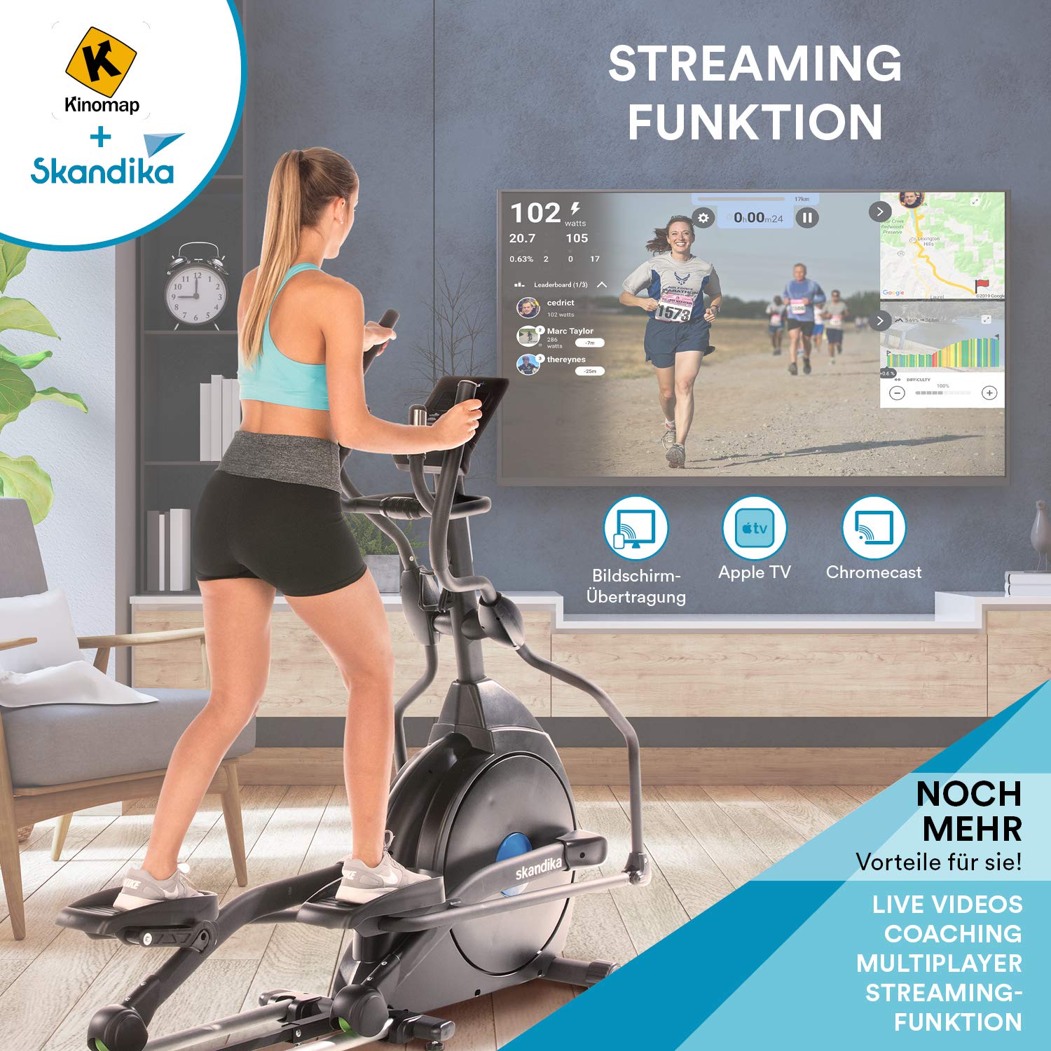 Skandika Crosstrainer für Zuhause Carbon Champ | CardioCross Crosstrainer klappbar platzsparend leise, 32 Stufen, 19 Programme, bis 150 kg, Kinomap App kompatibel, 24,5kg Schwungmasse, Ellipsentrainer