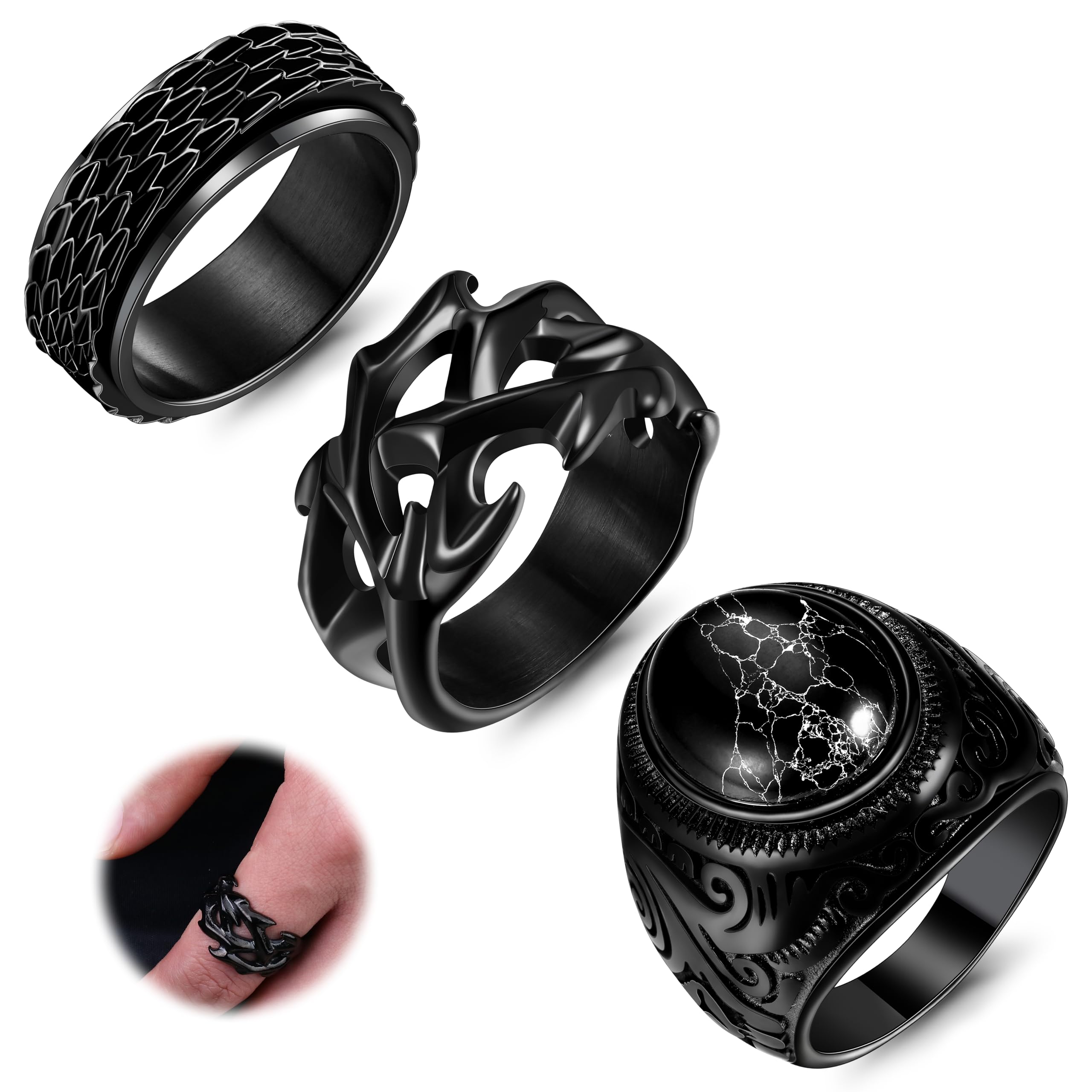 SanfenlyBlack Rings for Men, Mens Stainless Steel Fidget Ring Rings Spinner Spinning Thumb Finger Ring, Retro Vintage Turquoise Stone Ring, Cool Punk Biker Ring, Fashion Male Jewelry Rings, Size 7-15