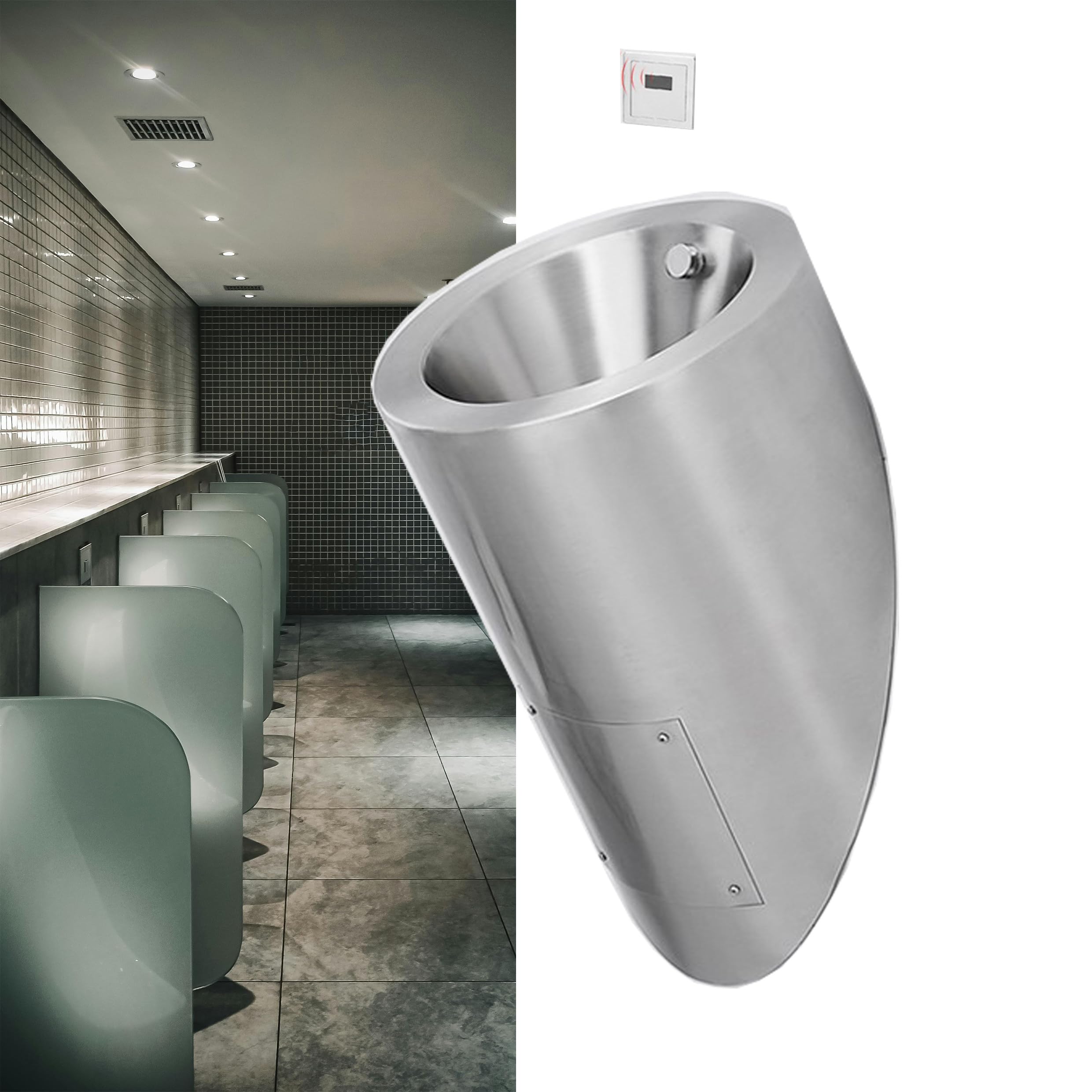 Wall Mounted Smart Men Urinal with Automatic Sensor Flush Valve, Stainless Steel Wall-Mounted Urinal Anti-Overflow Urinal, Vertical Toilet,Silver