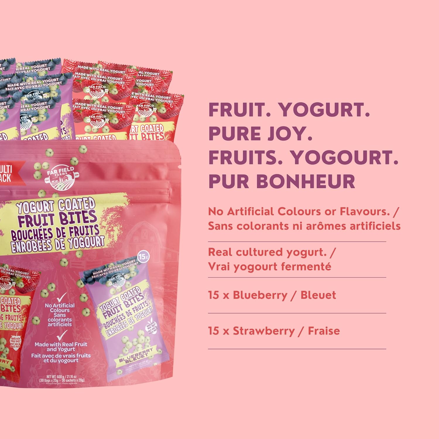 Far Field Probiotic Yogurt Coated Fruit Bites – 30 bag Multipack, Real Fruit, Real Yogurt, No Artificial Flavors, Individually Portioned Snacks, 600 gram Bag - Image 3