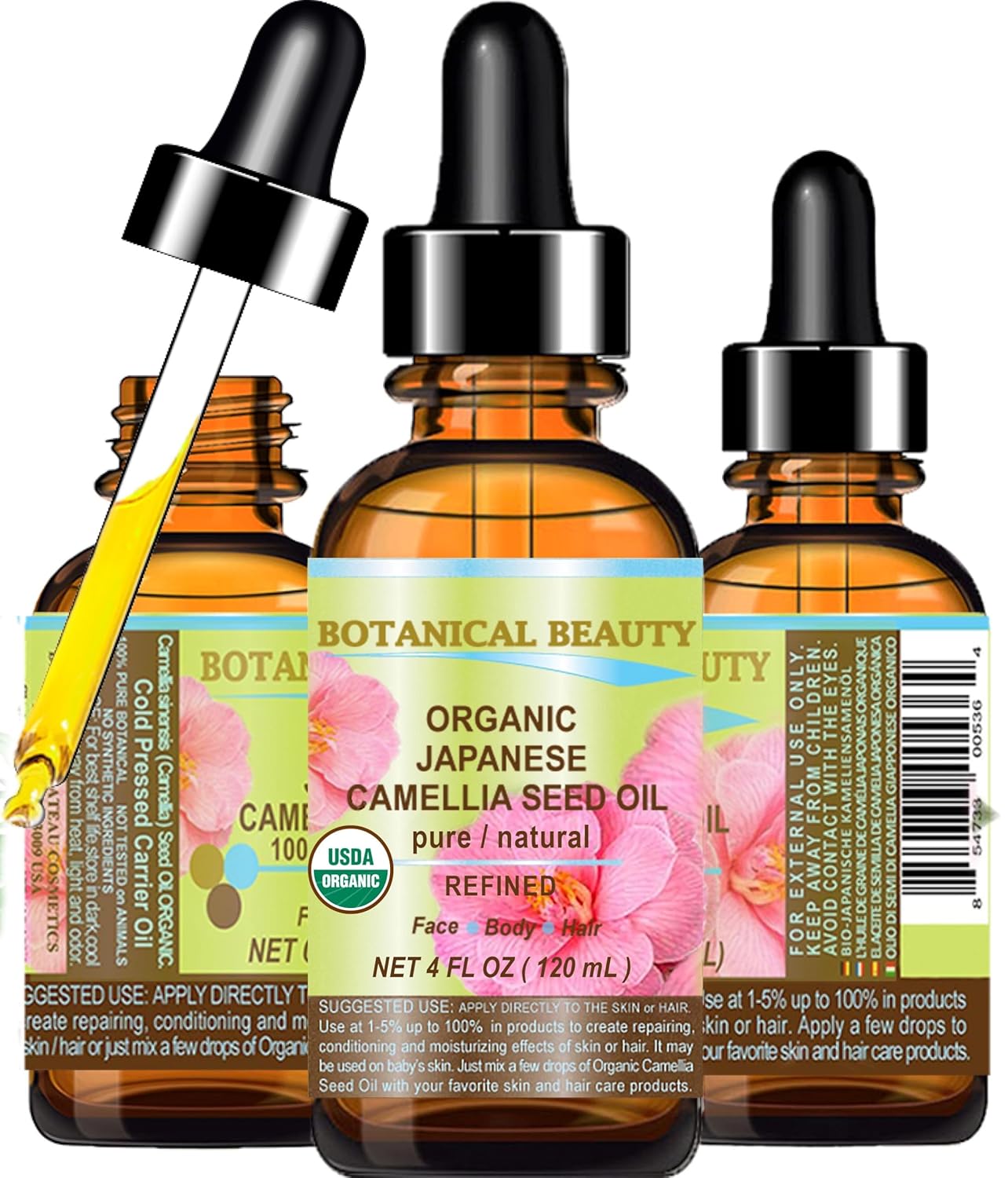 Botanical Beauty Japanese ORGANIC CAMELLIA Seed Oil. 100% Pure Natural Undiluted Refined Cold Pressed Carrier Oil to revitalize and rejuvenate the hair, skin and nails. 4 Fl. oz 120 ml