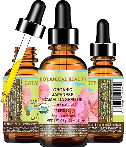 Botanical Beauty Aceite de semilla de camelia orgánico japonés. Aceite portador prensado en frío 100% puro natural sin diluir para revitalizar