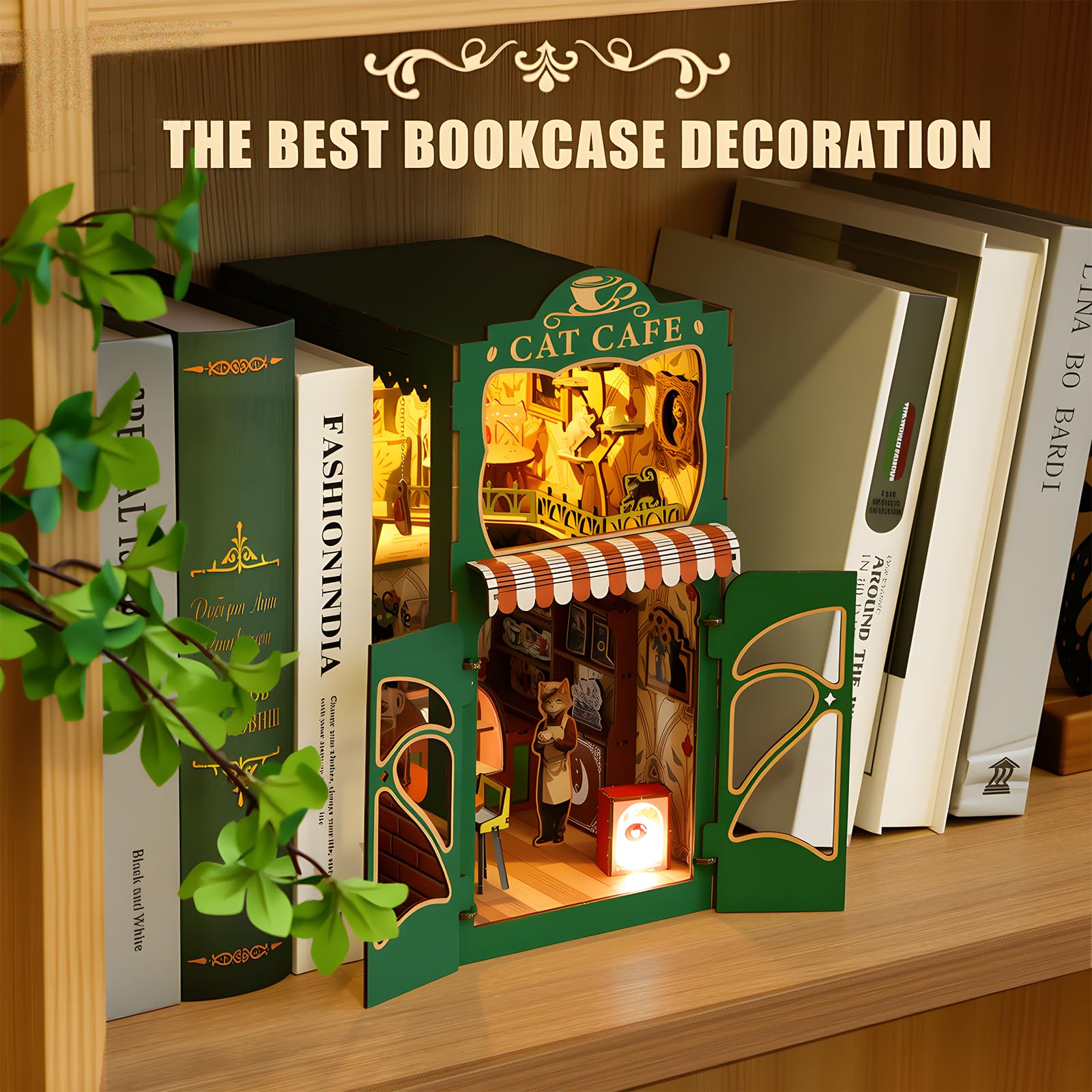 Kit fai da te, puzzle in legno 3D, in miniatura, con illuminazione a LED, set fai da te per adulti, casa delle bambole fai da te (caffetteria del gatto)