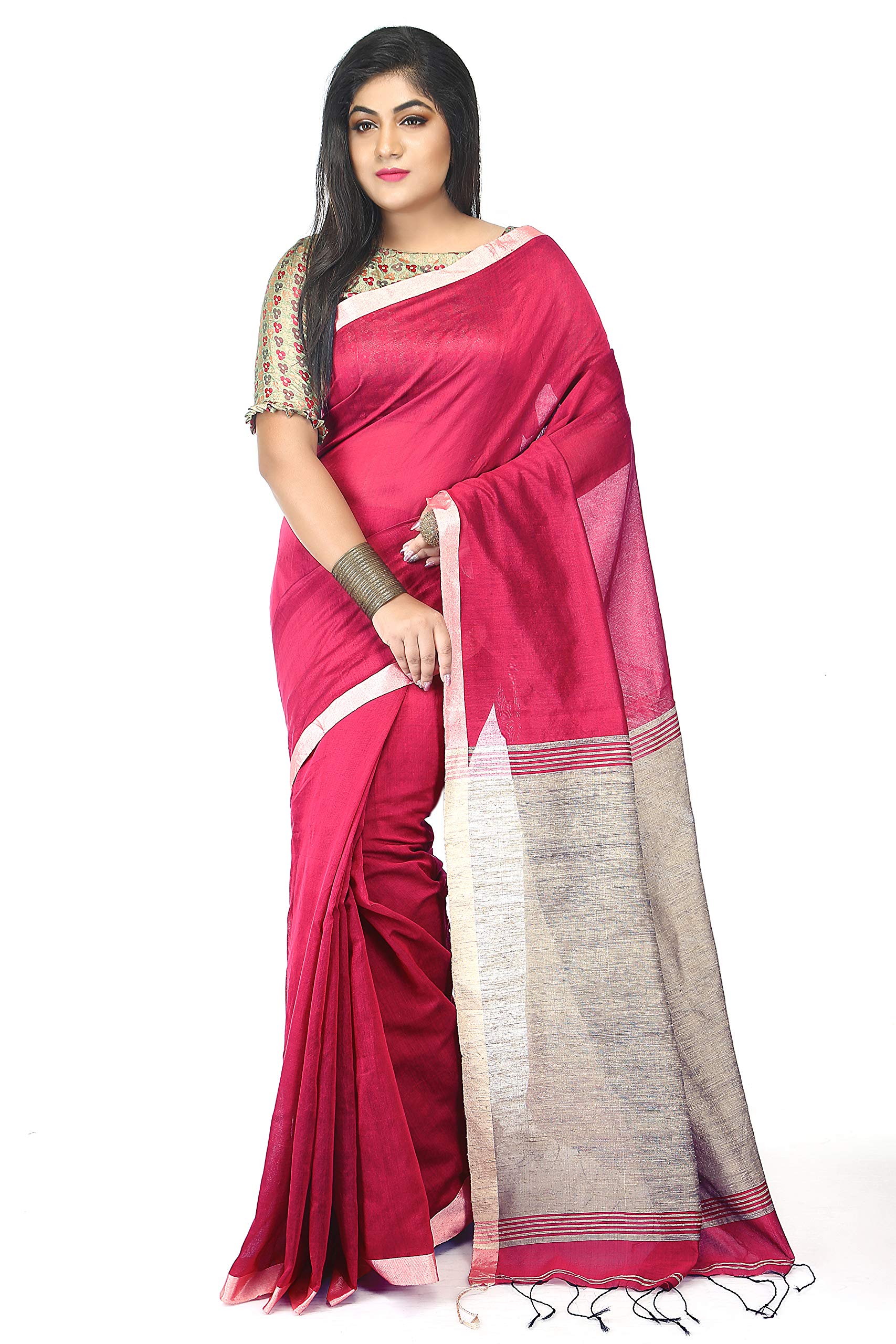 BENGAL HANDLOOMTraditional Handloom Plain SiCo Grey Colour Ghicha Saree