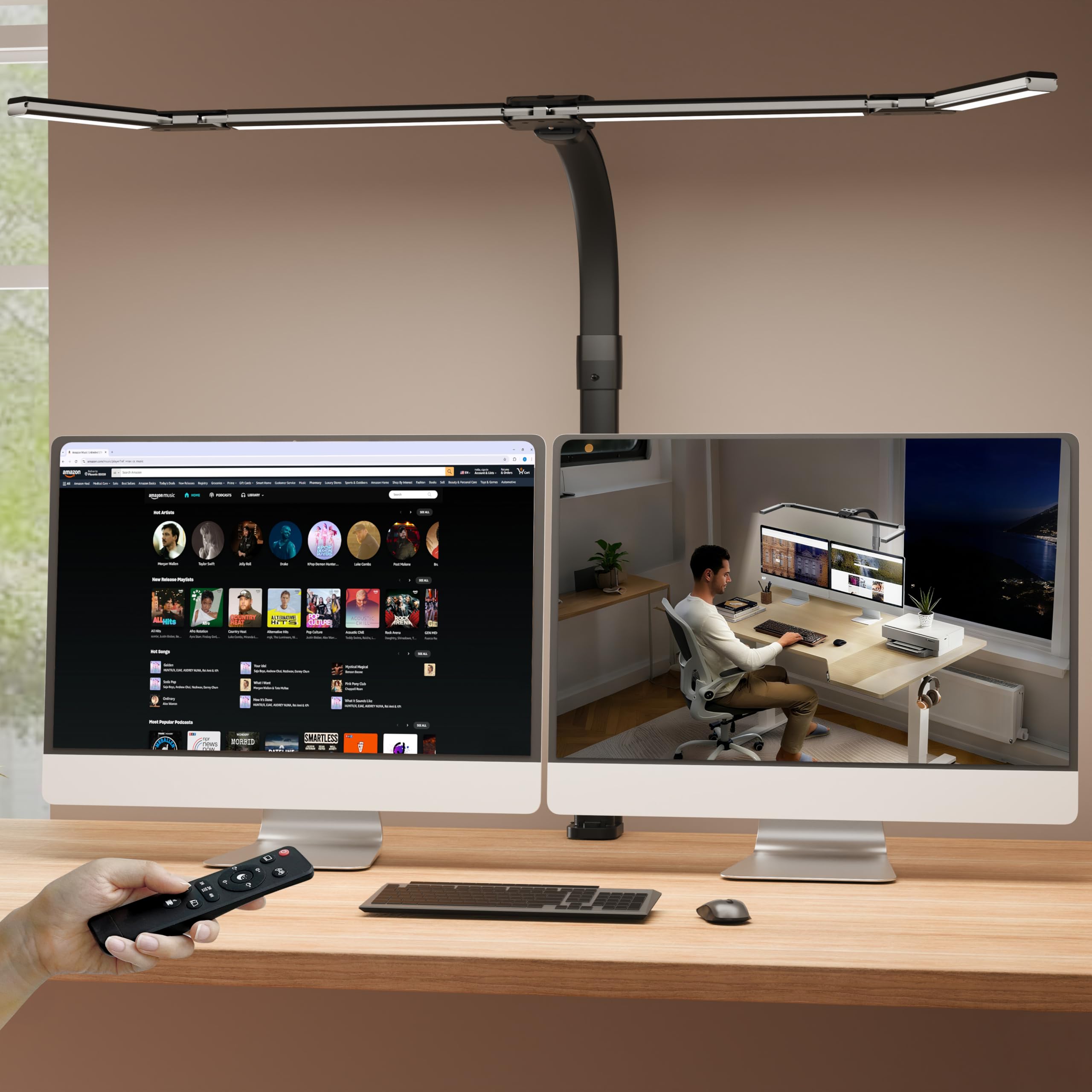 GAEFURY Schreibtischlampe LED Dimmbar, 24W 106CM Schreibtischlampe klemmbar mit Einstellbare 4-Segment-Lichtleiste,1800LM Augenschutz Tageslichtlampe Schreibtisch mit Fernbedienung,Tischlampe