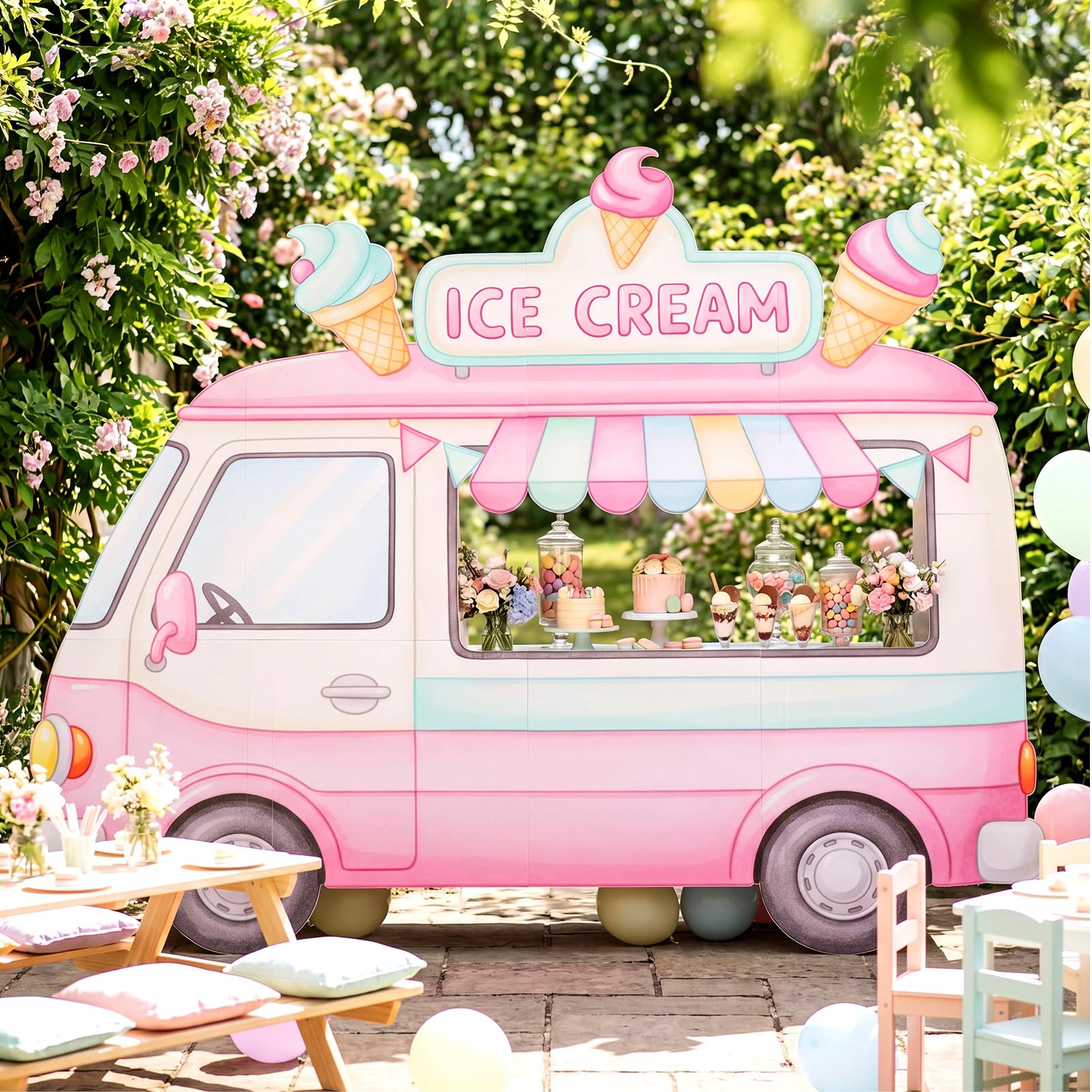 Photo 1 of Honoson 59 x 47inch Large Ice Cream Truck Standee Cardboard Cutouts, Life Size Standup Backdrop for Ice Cream Birthday Party Decoration Candy Land Party Yard Signs Lawn Summer Photo Booth Prop
