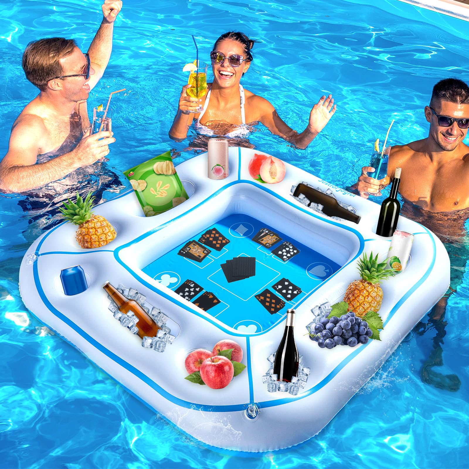 Large Floating Pool Games Table with Waterproof Playing Cards Pool Accessories Hot Tub Tray Card Table Tray Inflatable Food Drink Holder Cooler Containers for Beach Summer Party Indoor Outdoor (White)