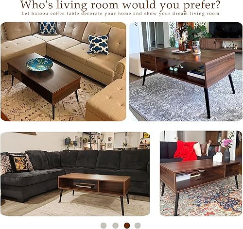 Miniatura 4 de HAIOOU - Mesa de centro de mediados de siglo moderna, mesa de café para sala de estar con almacenamiento, mesa de té de nogal con cajón, estante de